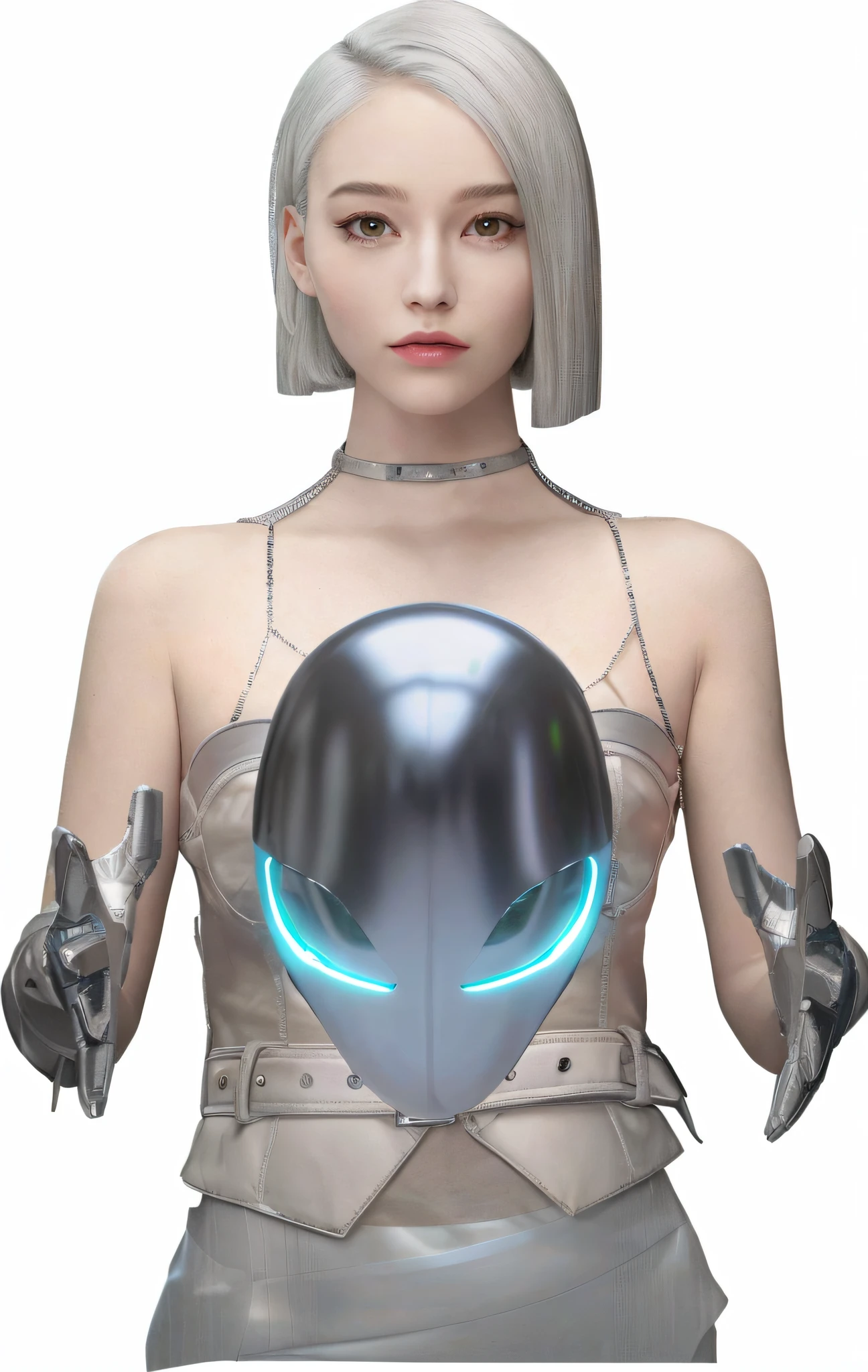 There is a woman in a futuristic helmet holding a ball, cyborg - girl with silver hair, perfect android girl, retrofuturistic female android, Cyborg girl, fashionable futuristic woman, android heroine, beautiful android woman, sci-fi android female, cyborg - girl, biblical female android, futuristic clothing and helmet, beautiful female android!, cyborg fashion model, Cute cyborg girl, female android