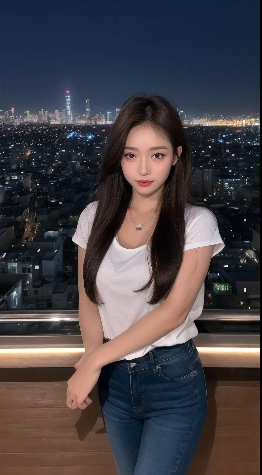 ((Midnight, Best quality, 8k, Masterpiece :1.3)), Whole body, Long legs, Sharp focus :1.2, A pretty woman with perfect figure :1.4, Slender abs :1.1, ((Dark brown hair, Big breasts :1.2)), (White tight tshirt, Jean bib, Standing:1.2), ((Night city view, Rooftop:1.3)), Highly detailed face and skin texture, Detailed eyes, Double eyelid