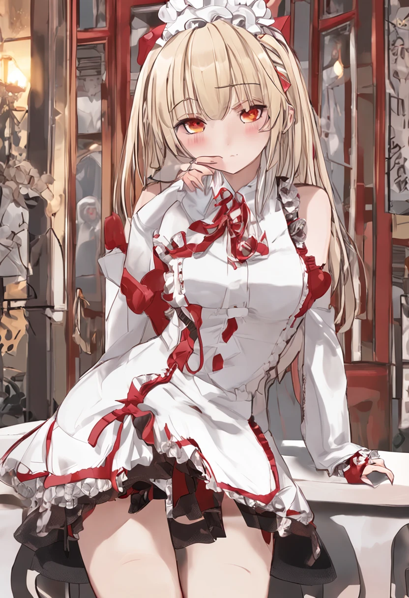 The blonde、red eyes、Beautiful girl alone、、anime big breast、Maid clothes、cropped shoulders、White miniskirt（Panties can be seen）、inside in room，Hands raised in the skirt，Be red in the face，White knee-length socks，dual horsetail，cat ear，teens girl，