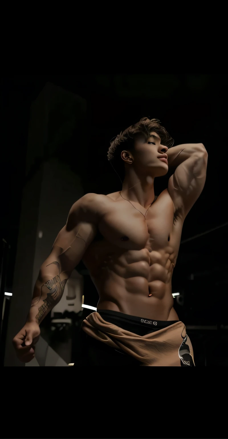 Arad man posing in a dark room without a shirt, korean muscle boy 2 1 , Ripped, with abs, Strong masculine characteristics, strong and imposing, prefect body, South Korean male, strong and muscular, Lean and muscular, Attractive body, attractive face and body, musculature, Lean but muscular, slender and muscular build, Model with attractive body