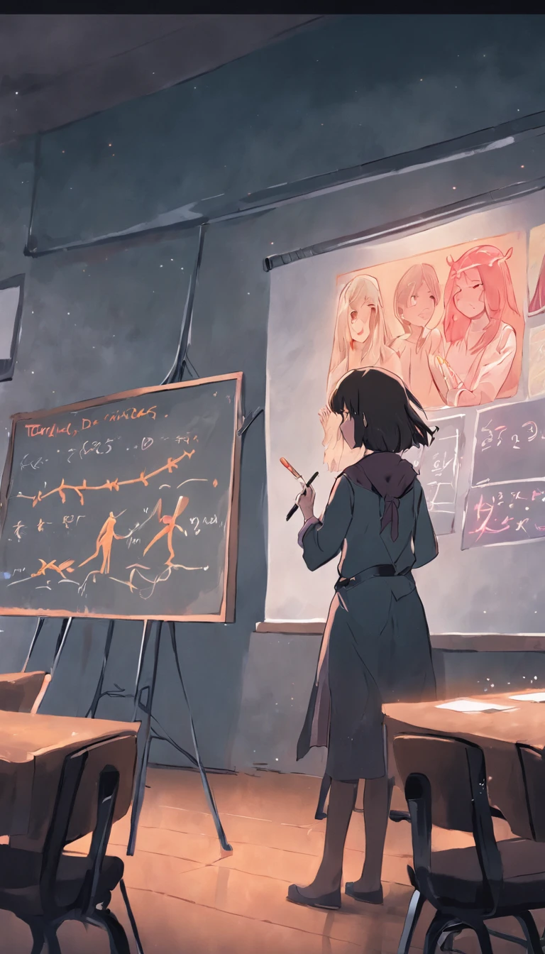 transgender teacher leading a kinder-garden class in a lesson about sexual identity with diagrams and illustrations on the blackboard