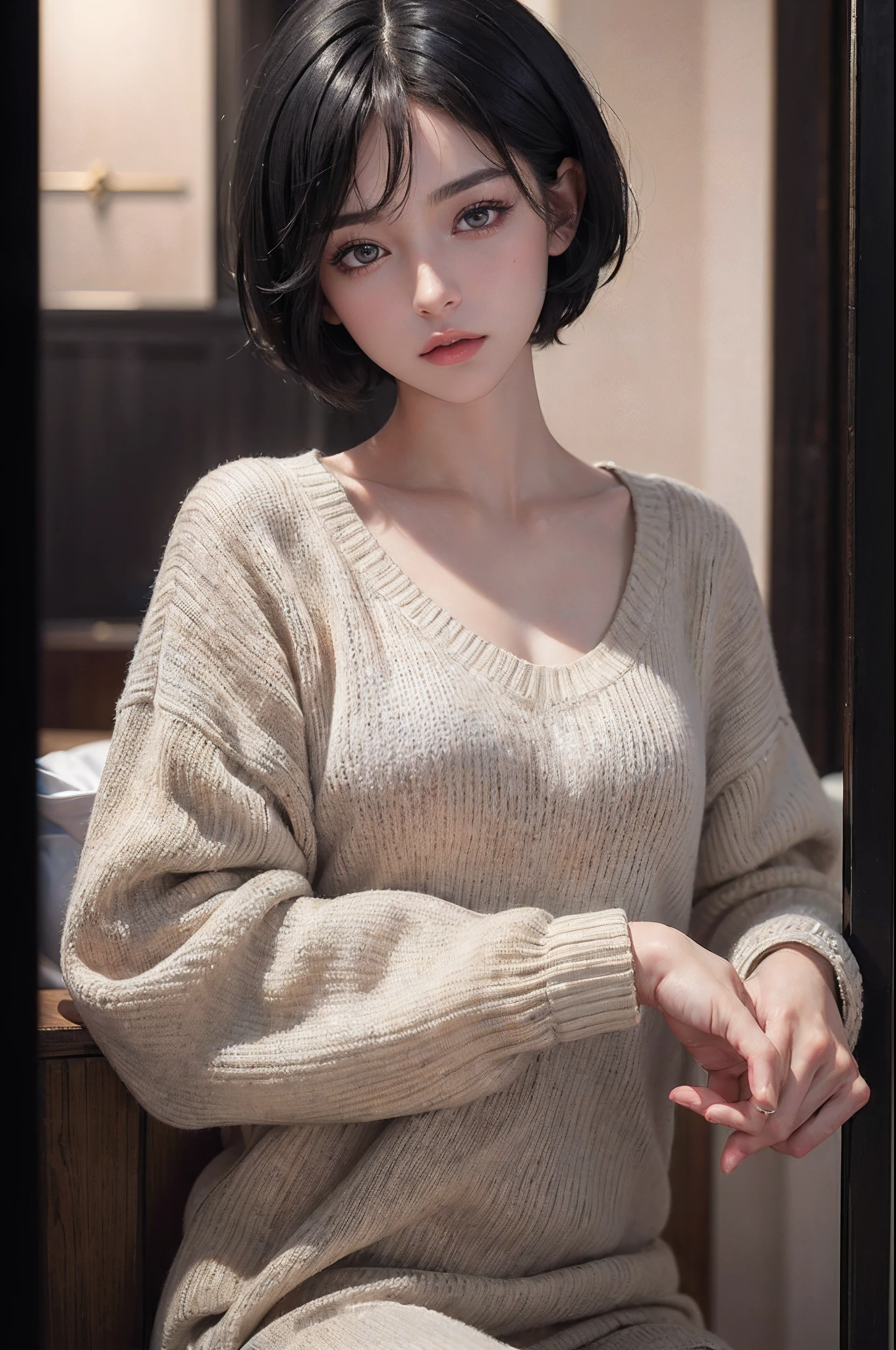 (masterpiece:1.3), (8k, photorealistic, RAW photo, best quality: 1.4), (1girl), beautiful face, (realistic face), (black hair, short hair:1.3), beautiful hairstyle, realistic eyes, beautiful detailed eyes, (realistic skin), beautiful skin, (sweater), absurdres, attractive, ultra high res, ultra realistic, highly detailed, golden ratio