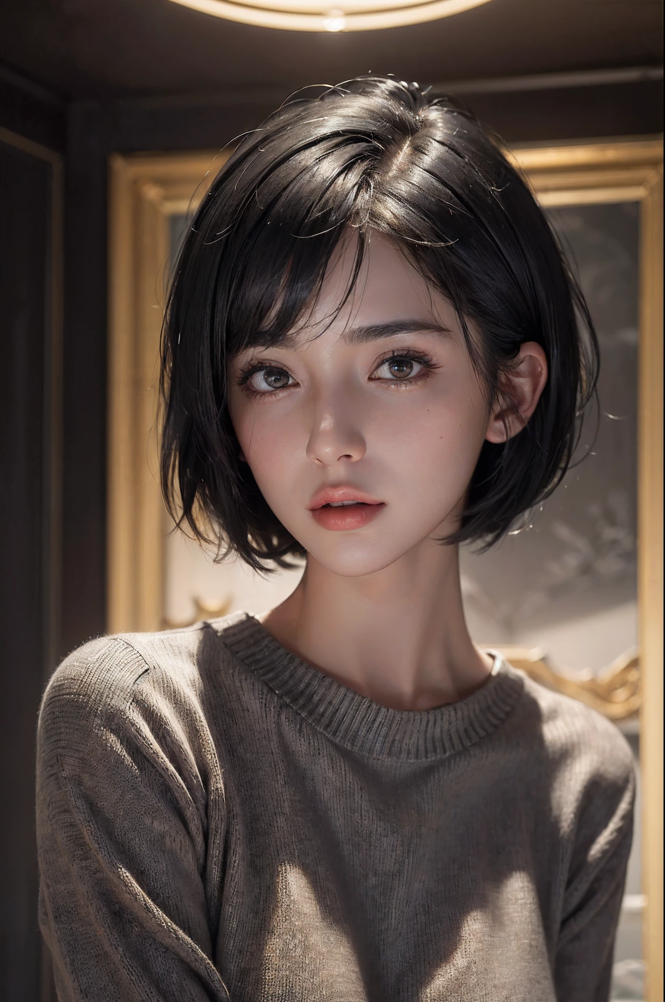 (masterpiece:1.3), (8k, photorealistic, RAW photo, best quality: 1.4), (1girl), beautiful face, (realistic face), (black hair, short hair:1.3), beautiful hairstyle, realistic eyes, beautiful detailed eyes, (realistic skin), beautiful skin, (sweater), absurdres, attractive, ultra high res, ultra realistic, highly detailed, golden ratio