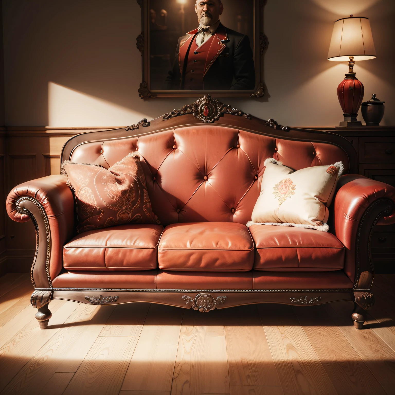 CREATE AN ANTIQUE RED SOFA WITH FRONT POSITION FOR SUPER REALISTIC CAMERA WITH NEUTRAL BACKGROUND, JUST THE SOFA ALONE