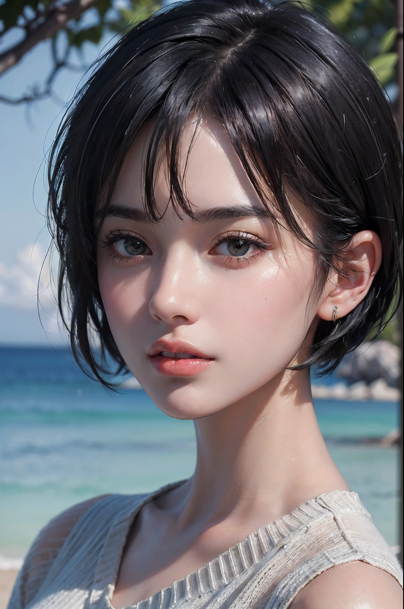 (masterpiece:1.3), (8k, photorealistic, RAW photo, best quality: 1.4), (1girl), beautiful face, (realistic face), (black hair, short hair:1.3), beautiful hairstyle, realistic eyes, beautiful detailed eyes, (realistic skin), beautiful skin, (sweater), absurdres, attractive, ultra high res, ultra realistic, highly detailed, golden ratio