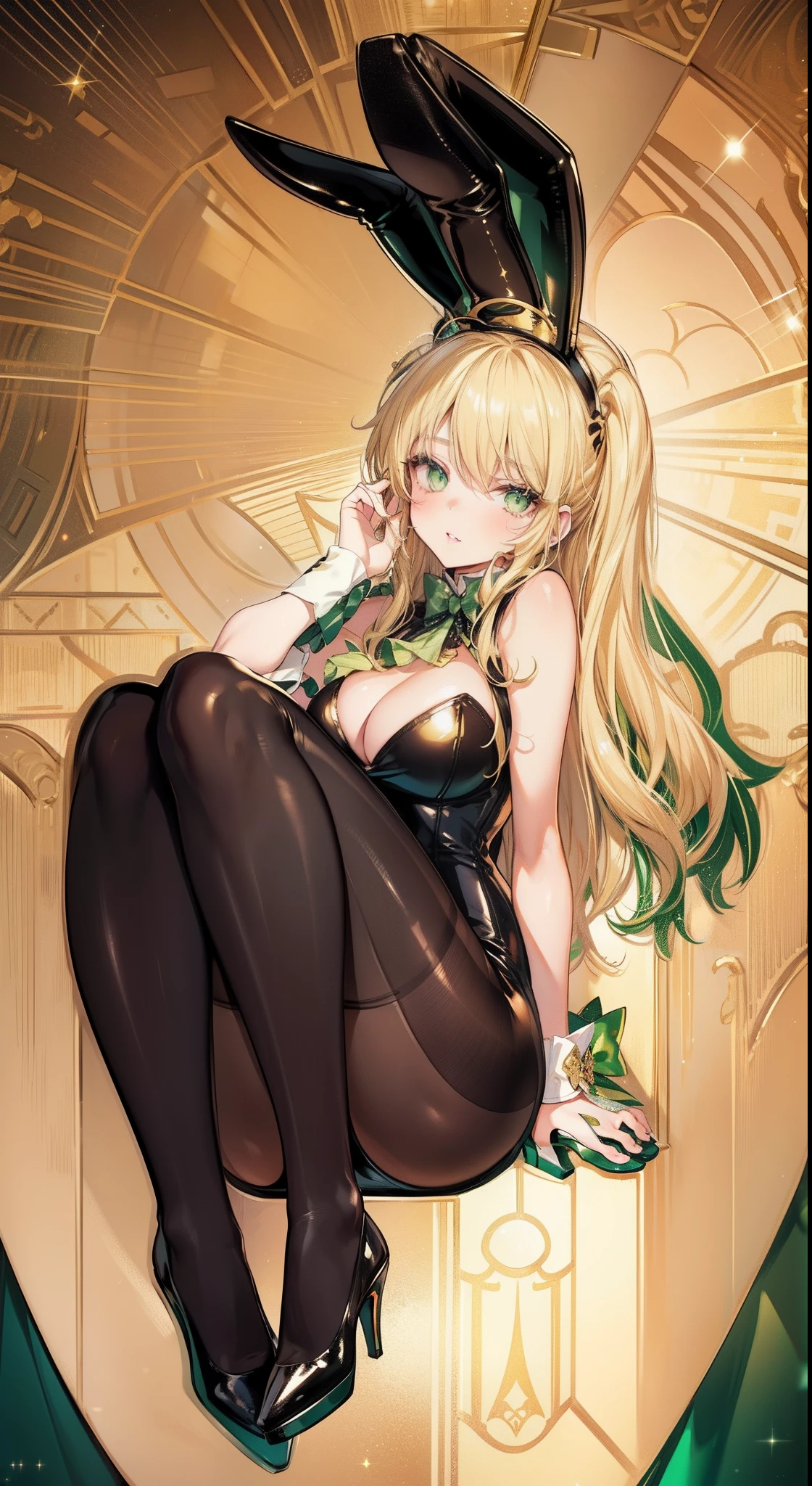 ultra-detailed, (bestquality), impeccable, green eyes, blonde hair, curly hair, busty, playful, seductive, (low cut outfit), (bunny ears), (thigh-high stockings), (heels), (winking), (lush lips), (sparkling eyes), (hourglass figure), (posing), (sitting on a chair)