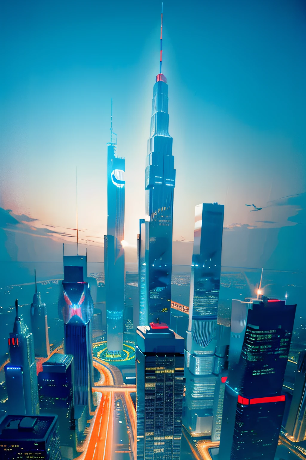 The skyscrapers and streets of the futuristic world,There are all kinds of futuristic cars and airplanes,There is a sense of technology,cyber punk style,ultra-realistic realism