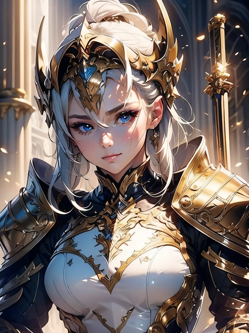 （​masterpiece、top-quality、raw、analog style）、foco nítido、Stunning portrait of a beautiful woman、4/5 shots、short blonde hair、((highlydetailed skin、Skin Details))、Perfect physique、Knight's armor with intricate patterns、full armor、full face helmet、Church Square at sunset、holding swords、eye brows up、Sharp eyes、ighly detailed、battle posture、Detailed hand depiction、Detailed chest depiction、Frontal lighting