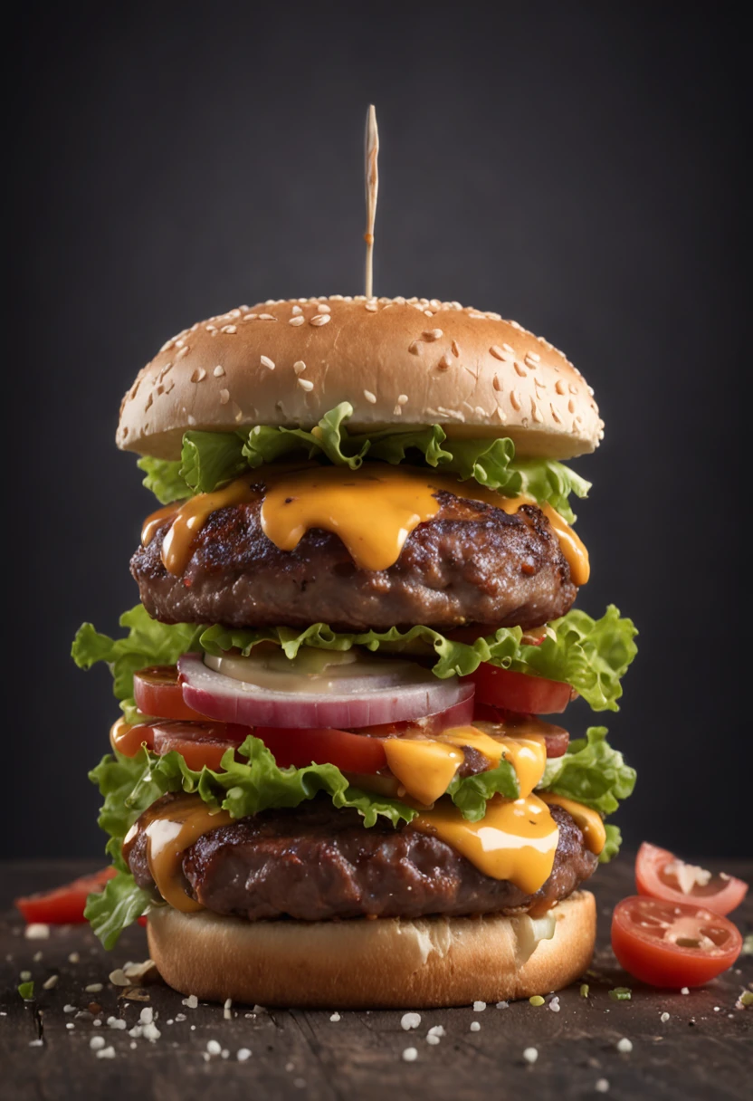 A burger falling in pieces juicy, tasty, hot, promotional photo, intricate details, hdr, cinematic, adobe lightroom, highly detailed