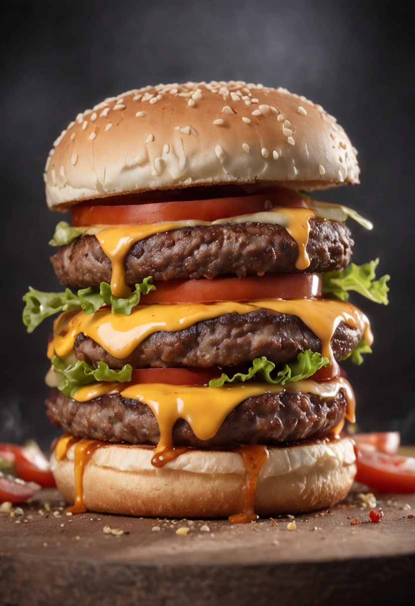 A burger falling in pieces juicy, tasty, hot, promotional photo, intricate details, hdr, cinematic, adobe lightroom, highly detailed