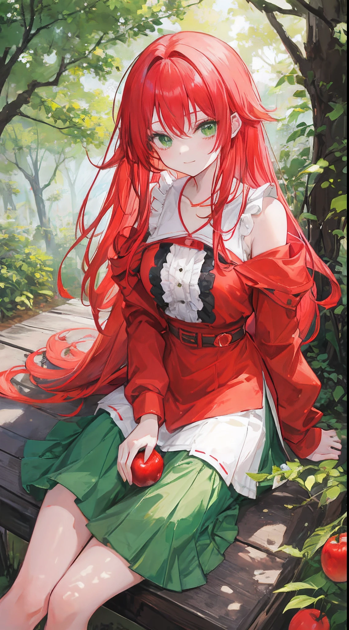 anime teen girl with red-vibrant hair, and green eyes, holding an apple, she smiled beautifully and charmingly, she sitting under tree in the forest.