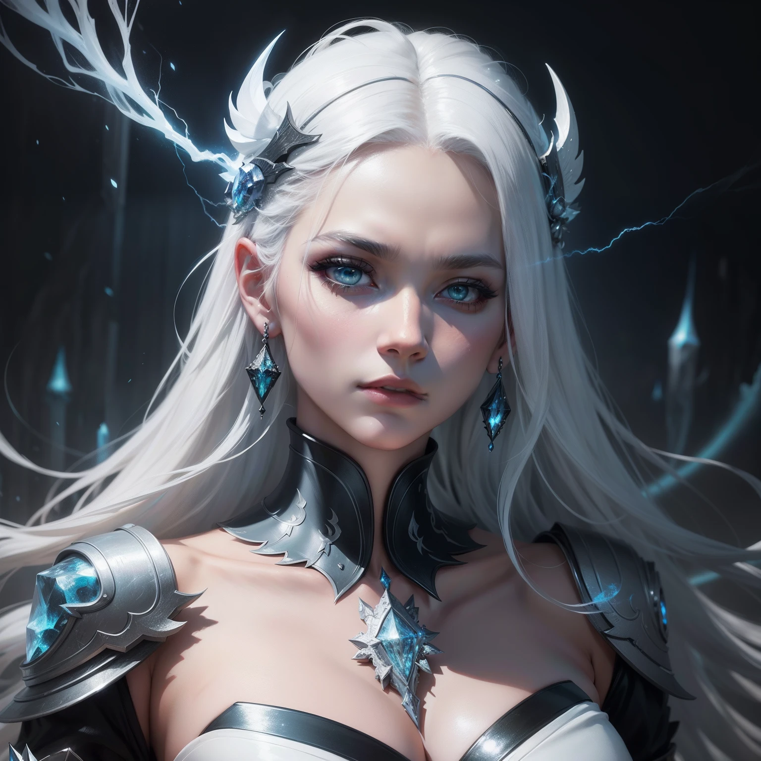 an ice goddess with white hair and lightning around her, nice perfect face with soft skinice perfect face, retrato de arte conceitual por Greg Rutkowski, Artgerm, Hyper-detailed and intricately detailed Gothic art trending in ArtStation's triadic colors, genial, detalhes intrincados, tela inicial, cores complementares, arte conceitual de fantasia, 8K resolution, Obra-prima do deviantart, oil painting, heavy strokes,