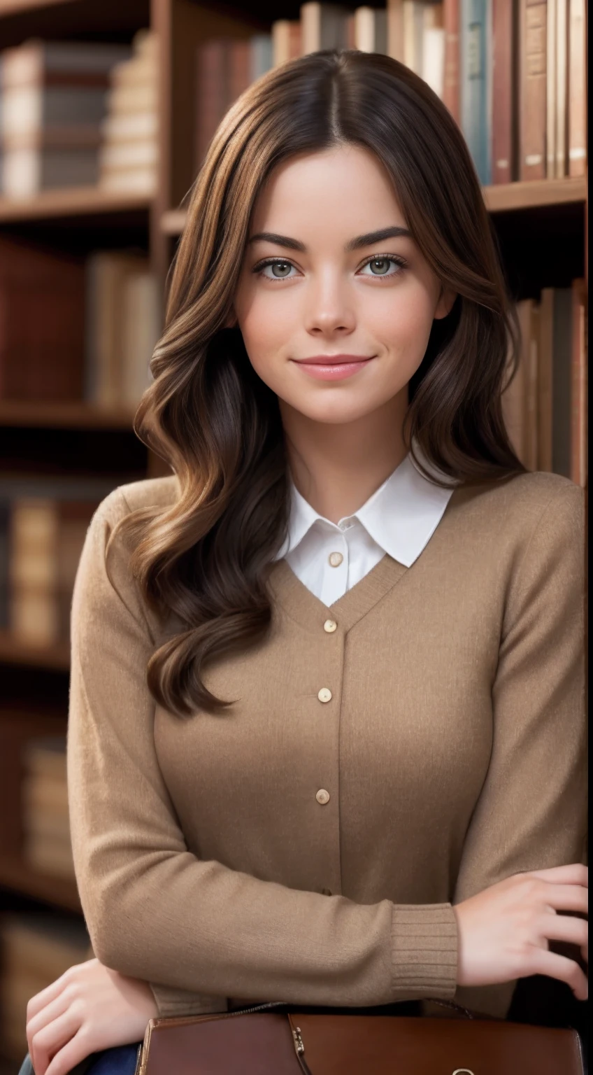 Carolina is a 24-year-old woman，is a librarian. Wear librarian's clothes.
Dark brown hair and hazel eyes, Carla is similar to Emma Stone, Carolina exudes natural beauty and a serene presence.