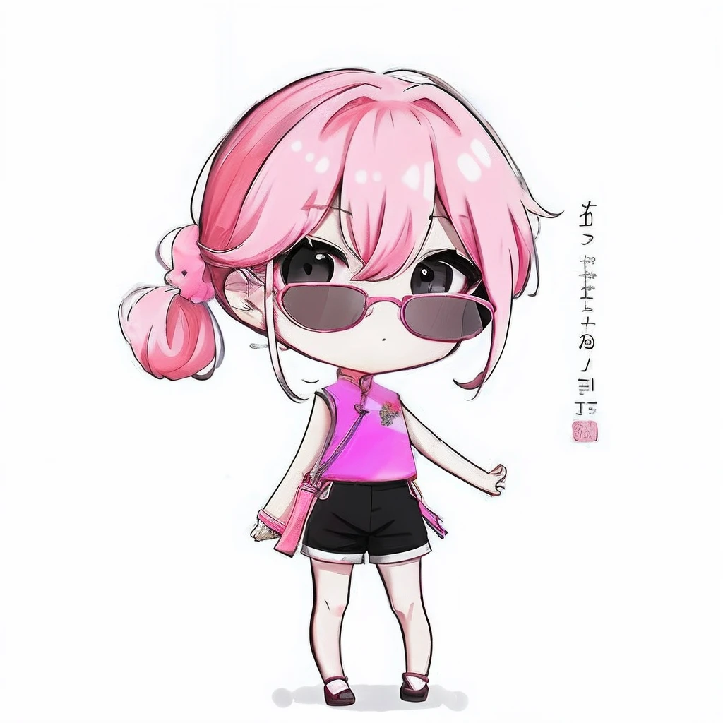 Sleeveless、Pink glasses、chinese clothes、Pink-rimmed glasses、1girl in, Chibi, White background,Pink ponytail、Black shorts、 Single, Pink china clothes, Sleeveless、Standing, Sideways