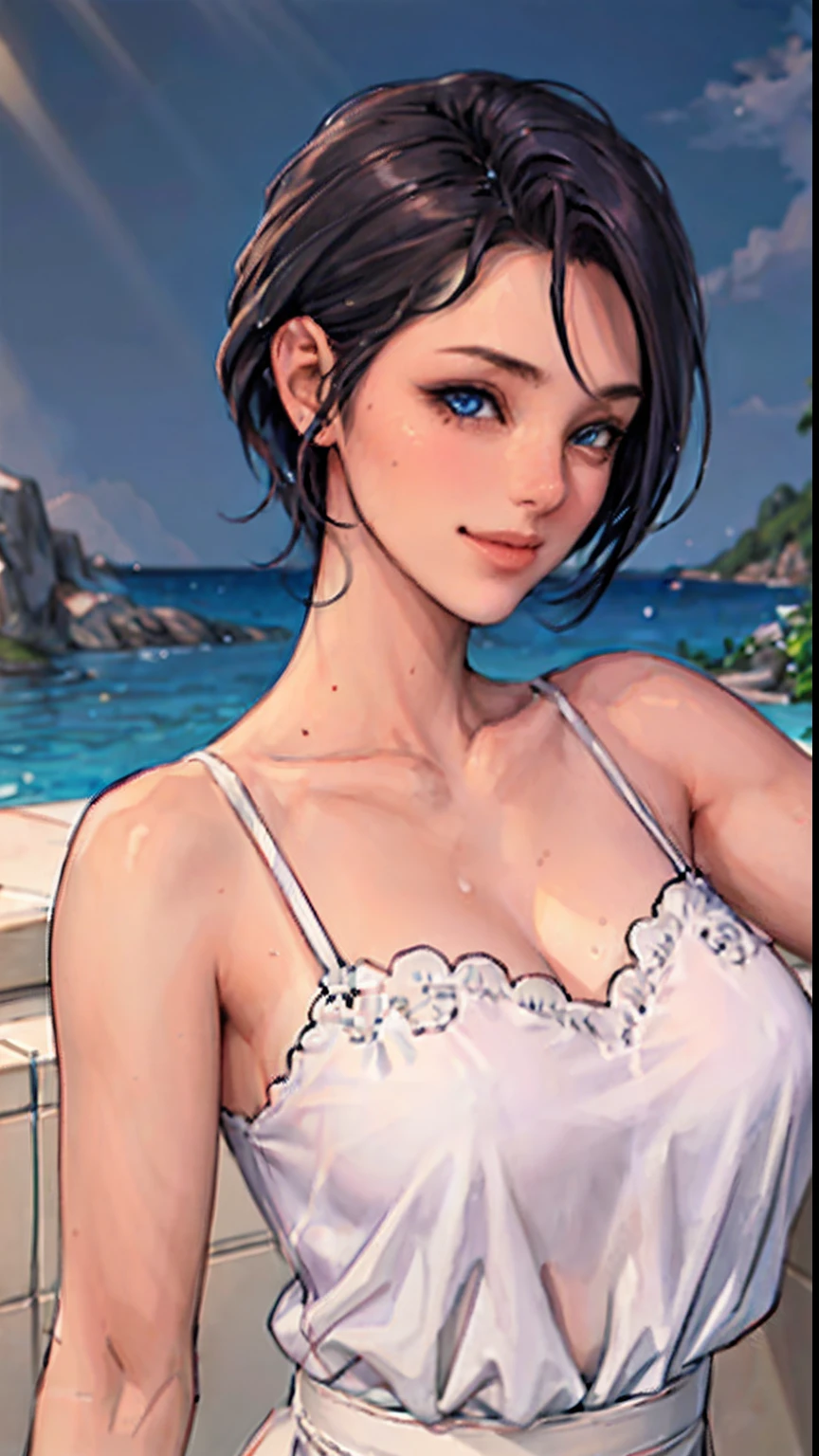 1girl, masterpiece, extremly detailed, (beautiful detailed glow), lens flare, white hair, short hair, floating hair, looking back, back behind, smile, blue eyes, white dress, medium breasts, upper body, wide shot, straw hat, ((salar de uyuni)), sunrise, clouds, backlighting, purple sky, yellow sky, gradient sky, hands on hat