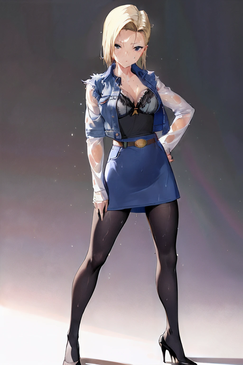 ​masterpiece, (Photorealsitic:1.4), top-quality, beautiful  lighting,Android18DB, 独奏, 耳Nipple Ring, jewely,  jaket, denim, embarassed expression, The shirt, a belt, denim_Jacket, skirt by the,((Black pantyhose with holes))、 denim_Skirt, Raw photography, 8K UHD, film grains,(((Bra shows through and are visible)))、panties on、((self lift))、high-heels、(((the whole body is wet)))
