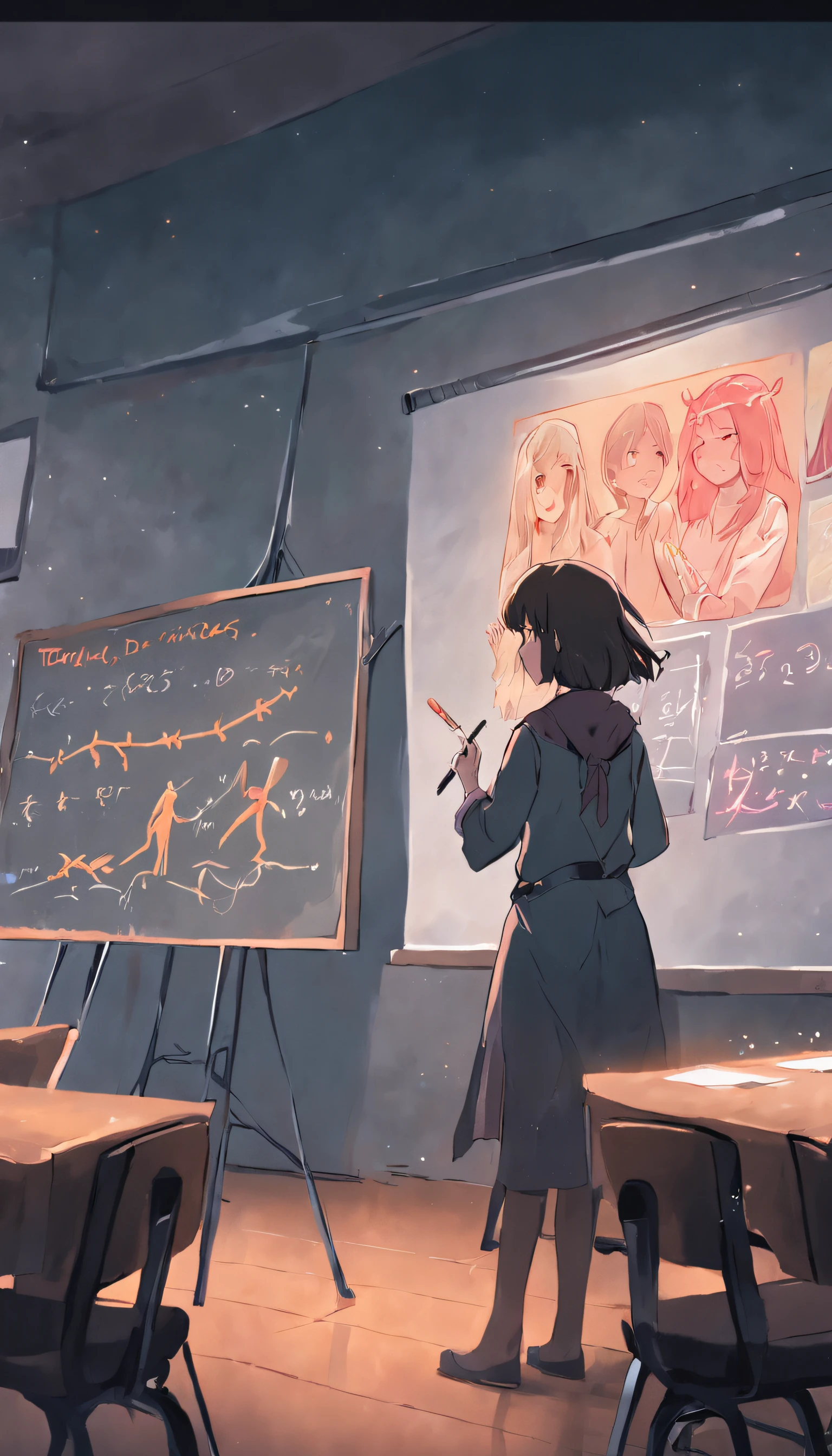 transgender teacher leading a kinder-garden class in a lesson about sexual identity with diagrams and illustrations on the blackboard