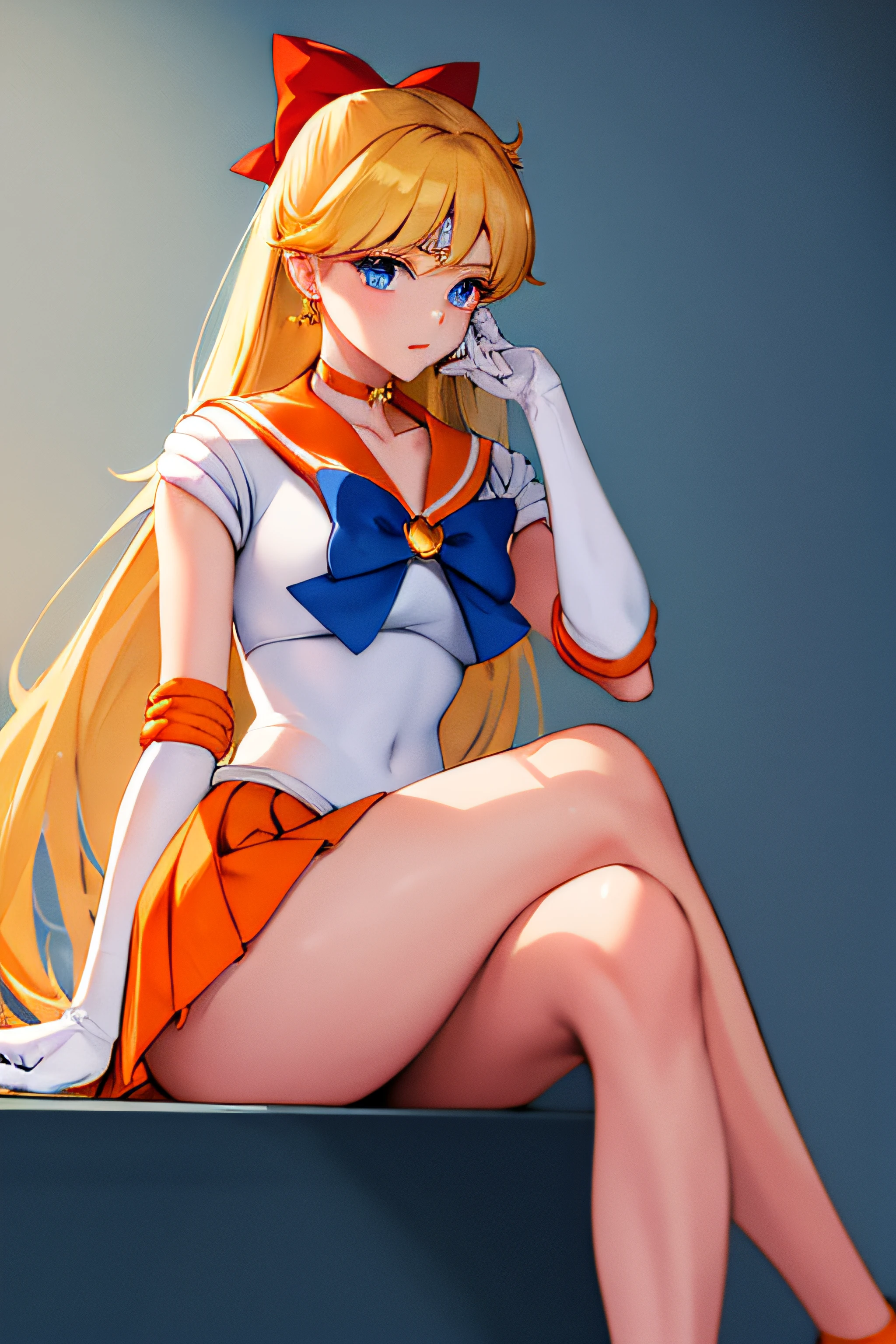 masterpiece, best quality, highres, venus1, 1girl, solo, sailor senshi uniform, sailor venus, aino minako, blonde hair, magical girl, blue eyes, orange skirt, elbow gloves, tiara, pleated skirt, hair bow, orange sailor collar, miniskirt, choker, red bow, orange choker, white gloves, very long hair,  jewelry,  earrings, sitting, crossed legs,