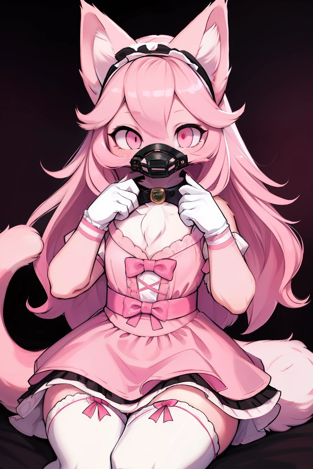 Master piece, perfect, highly detailed, (little hibryd anthro cat femboy), fluffy pink fur, ((pink eyes)), ((1))fluffy cat tail, pink long hair, tiny chest, (pink cat ears), wearing a pink collar, pink maid dress, silk white gloves, silk white thighhigh socks, wearing a pink muzzle, truemuzzle, eyesgod, niji, eyesgod, niji,