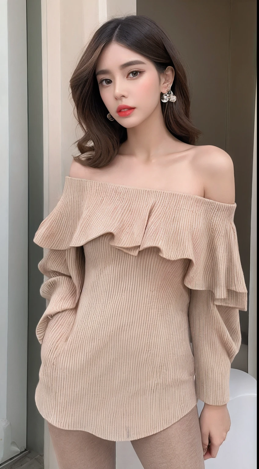 one African model , hair model, Unique hair details, off shoulder blouse fashion, Near future, double eyelid, plump lips, professional makeup, perfect full body shot, long boots