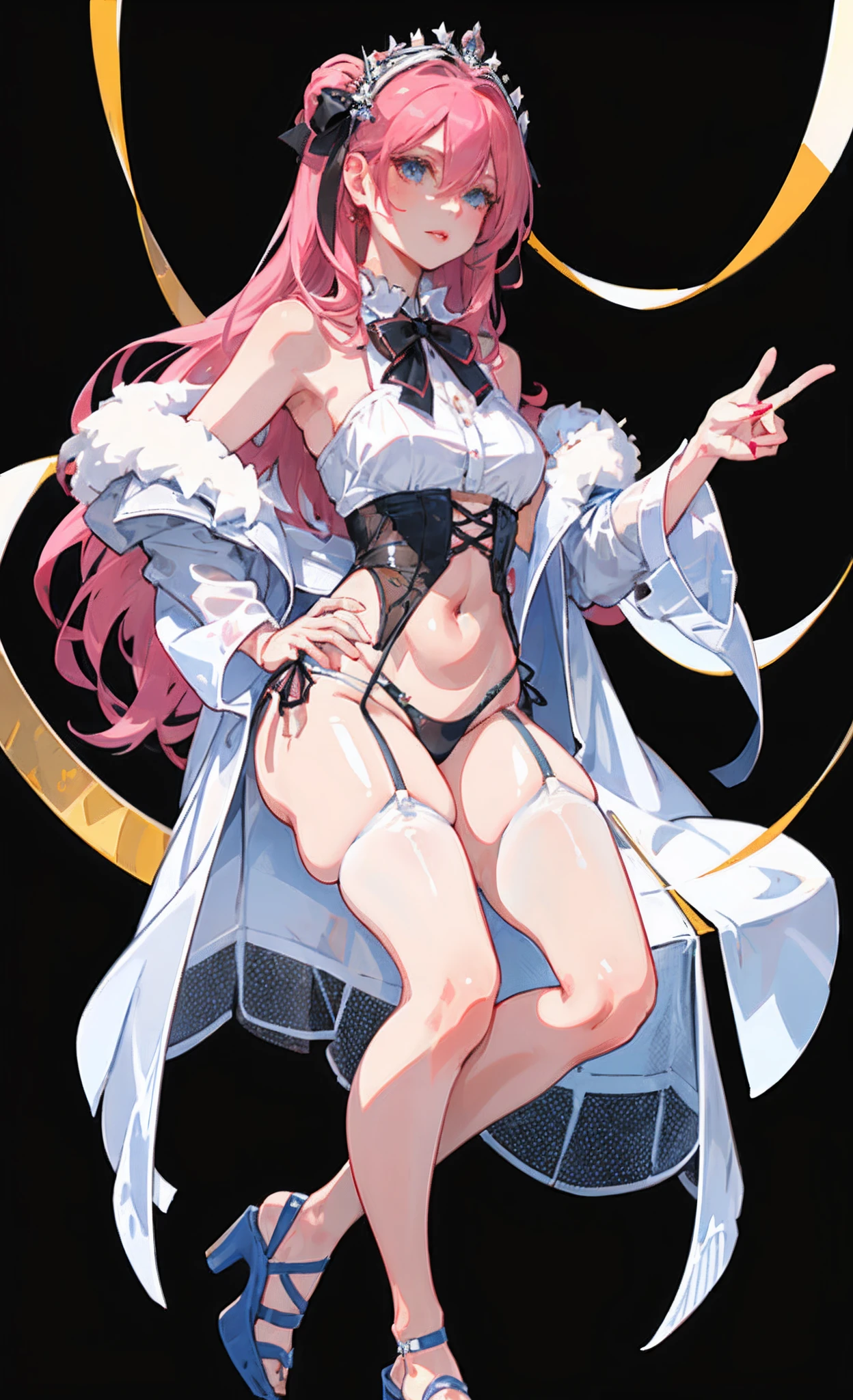 (Complete head：1.9)，meticulous portrayal of face，1 noblewoman，a matural female，Black transparent underwear，(black lence stockings+)，(High-heeled ribbon sandals)，(Black stocking feet)，Pink White Long Hair，Prom background， Perfect body， s the perfect face， perfect hand， Perfect Finger， Perfect lips， perfect  eyes， Perfect background