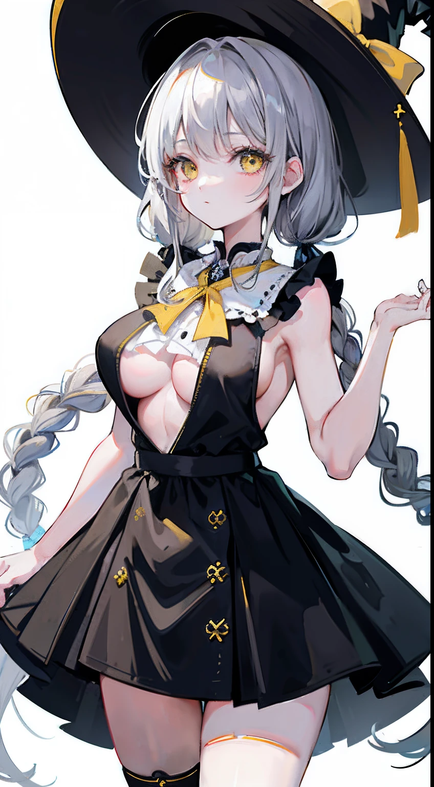 (masterpiece、top-quality、top-quality)、Loose low gray hair braided twin tails、Yellow eyes、a beauty girl、One girl、Witch hat with yellow ribbon、Obscene black sleeveless one-piece outfit with a lot of exposure、large boob