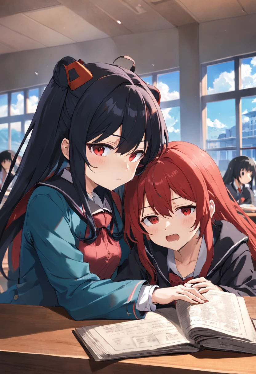 Anime girl with long black and red hair in class，The money in his hand crawled on the table and fell asleep，At the same table sits an anime boy with short black hair，Two high school students placed a stack of books in front of them，If it's a teacher，Sit in a window seat，The sun is shining outside the window