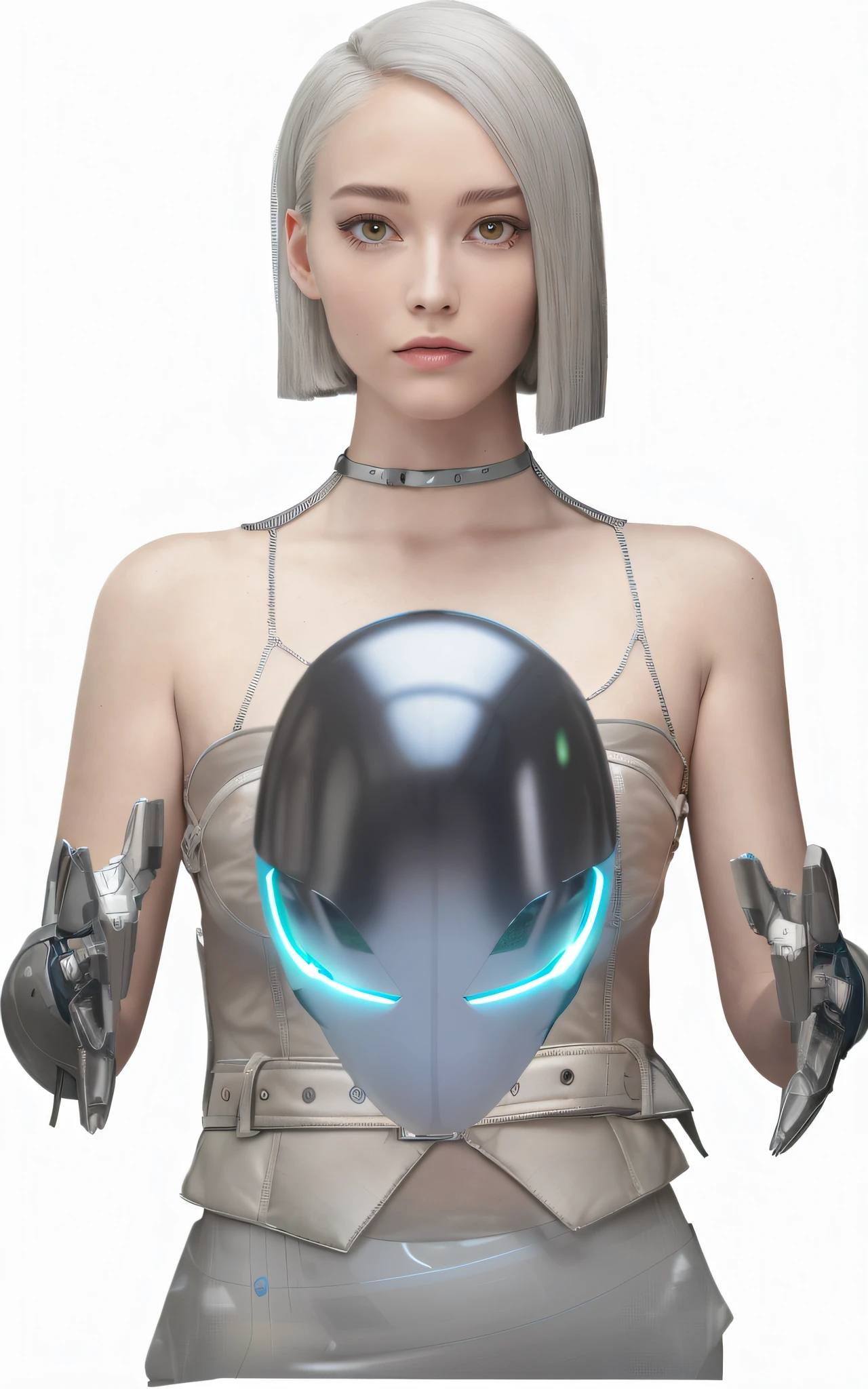There is a woman in a futuristic helmet holding a ball, cyborg - girl with silver hair, perfect android girl, retrofuturistic female android, Cyborg girl, fashionable futuristic woman, android heroine, beautiful android woman, sci-fi android female, cyborg - girl, biblical female android, futuristic clothing and helmet, beautiful female android!, cyborg fashion model, Cute cyborg girl, female android