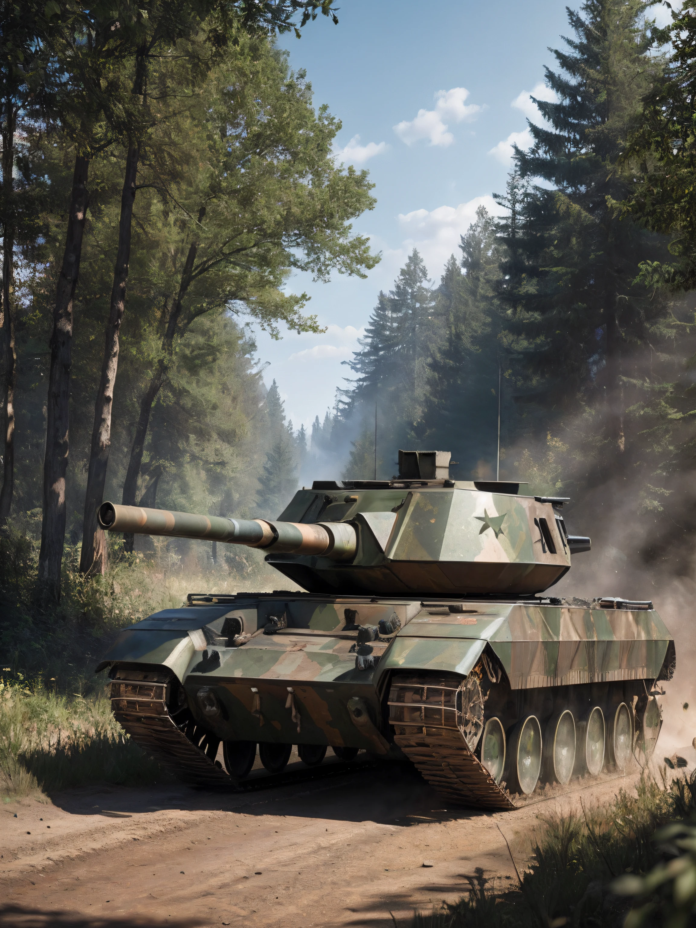 A war tank driving on a gravel road, besides lines of dense trees and vegetations, tank is made from strong steel, rustic and gritty textures, woodland camo, 8k, hdr:1.2, ultra realistic photo, photorealistic, (volumetric lighting), realistic shadows, ultra defined textures, realistic reflection effect, (masterpiece), realistic lighting, intricate details, bloom, best quality, (raytracing), vivid color tone, (highly detailed and realistic skin)