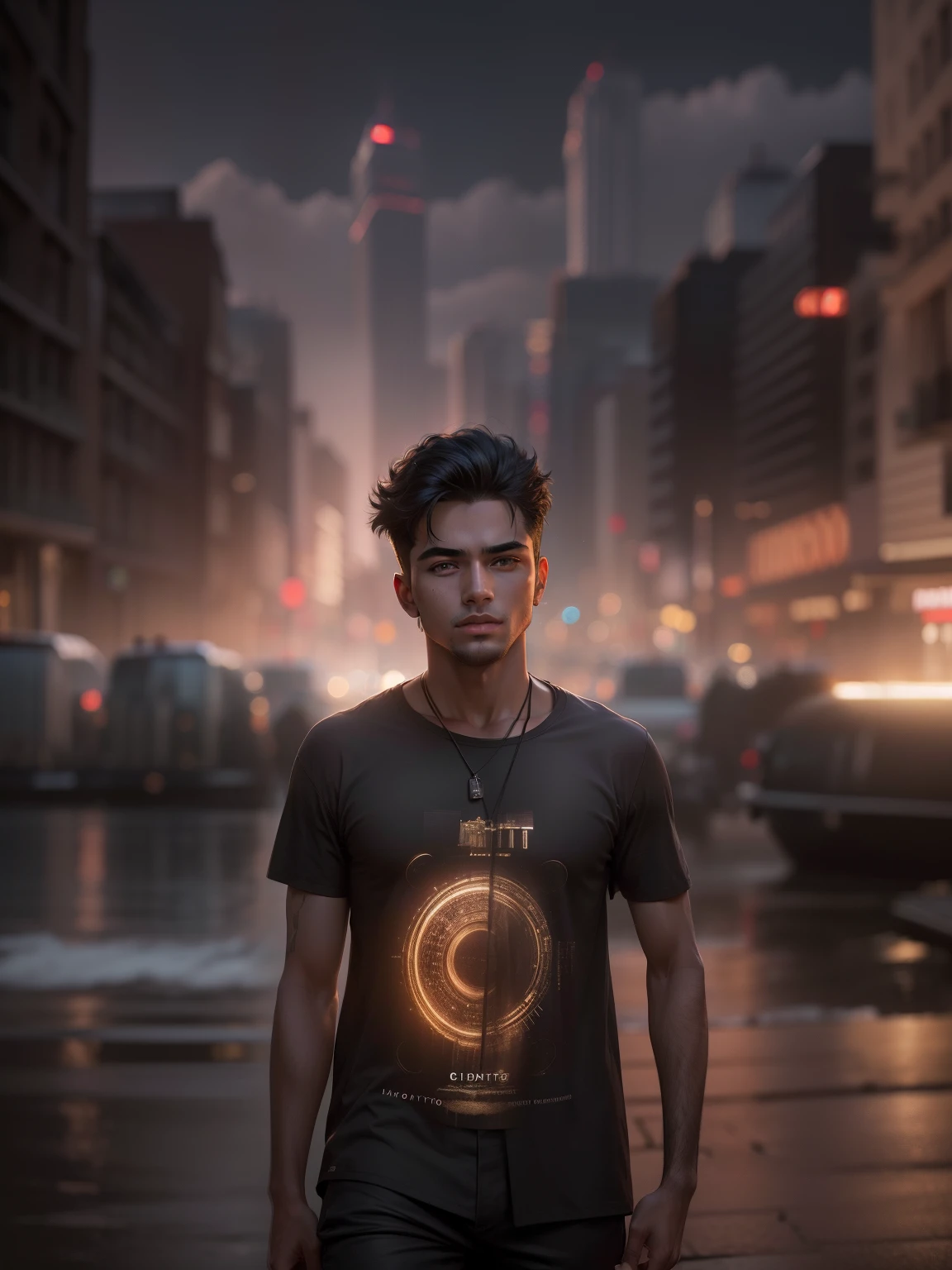 Best quality, masterpiece, ultra high res, (photorealistic:1.4), raw photo, young handsome male, black hair, (night city background:1.2)