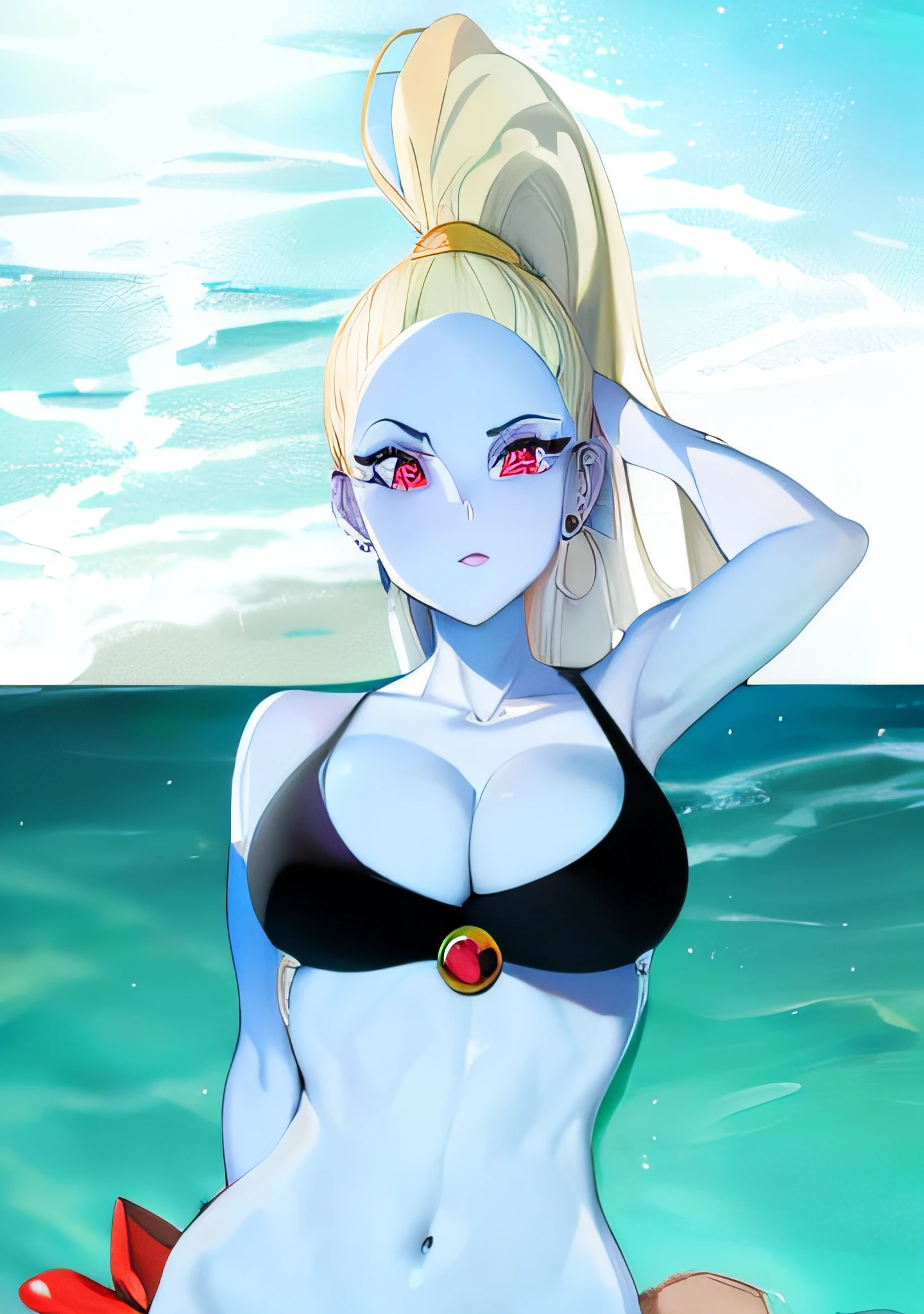 Vados en bikini en la playa, DBS, piel azul, pose sexy, pelo blanco, pechos grandes, ojos morados,