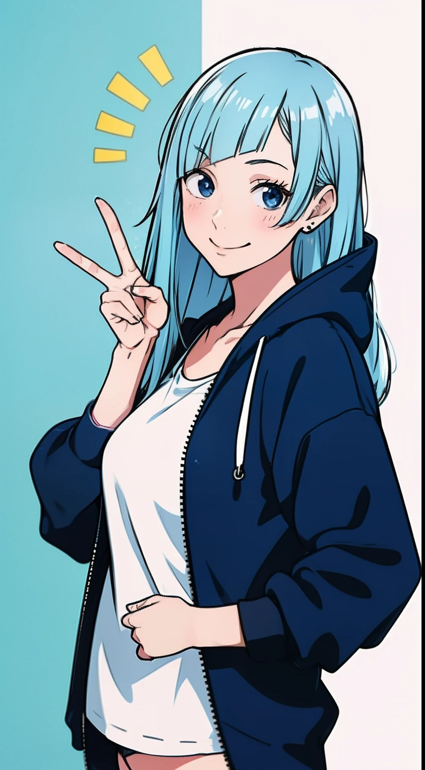 masterpiece, best quality, 1girl, fun, funny, perfect face, expressive eyes, cute, smiling, peace sign, ((two fingers)), happy, mischevious, blue eyes, modern, beautiful cothes,blue hoodie, 
BREAK miwakasumi, light_blue_hair, blunt bangs, long hair, cozy, peaceful, abstract background, summer, no pants, tug, hoodie tug,  solo, alone, wallpaper, gorgeous, cute girl, simplistic, minimalistic