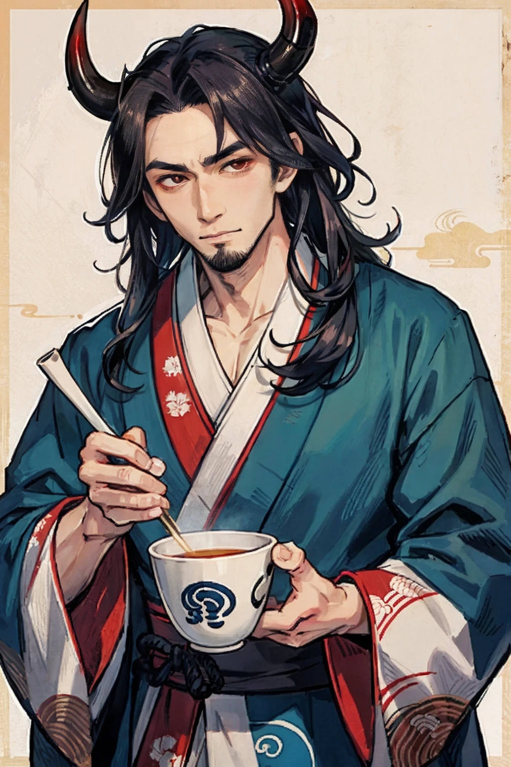 (highest quality), sake drinker doji, handsome, yokai, half face demon face, kimono