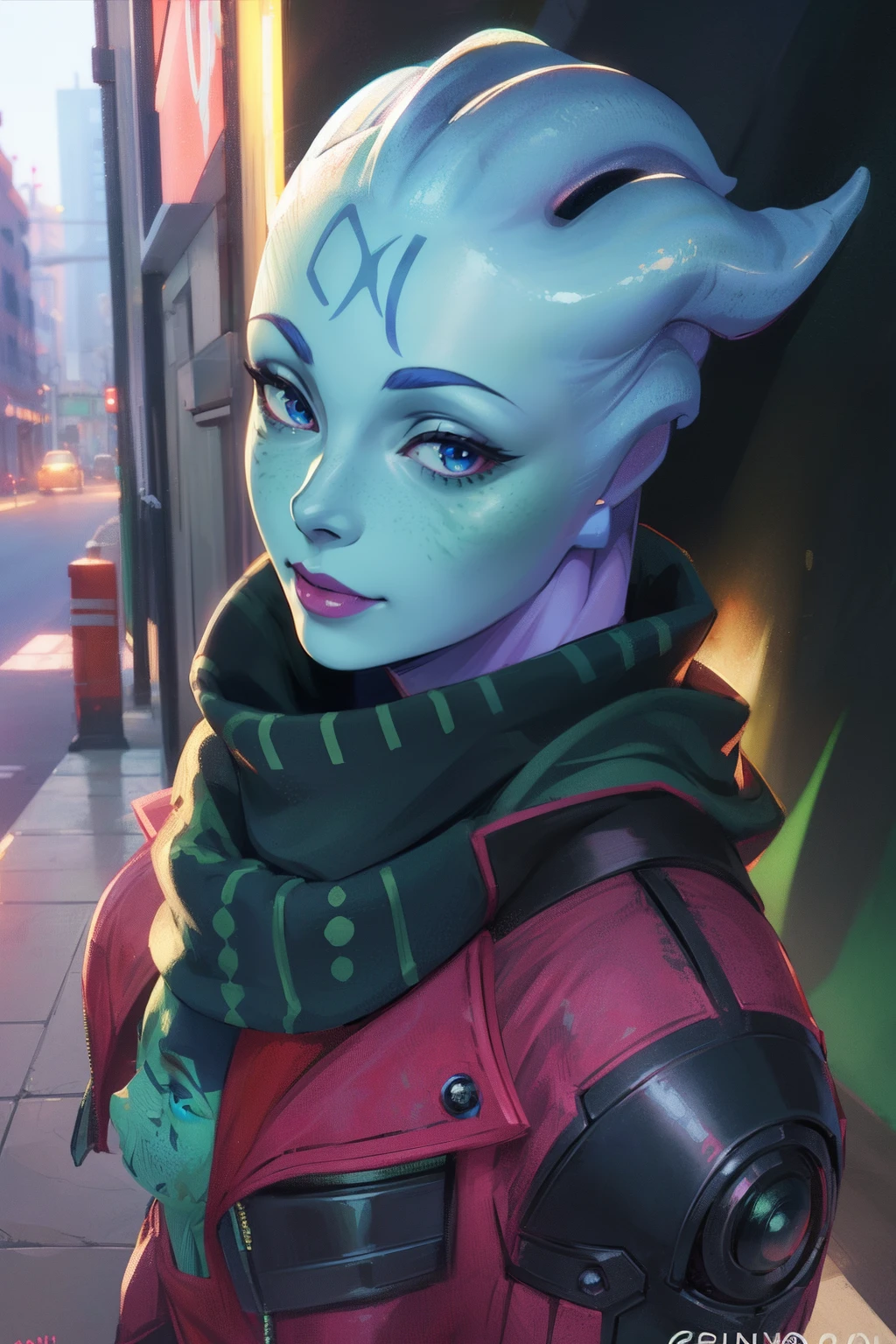 (anime), (((Asari:1.1))), (((green_skin:1.1))), beautiful face, corner smile, shy and friendly smile, detailed lips, crimson lipstick, blue eyes, freckles,