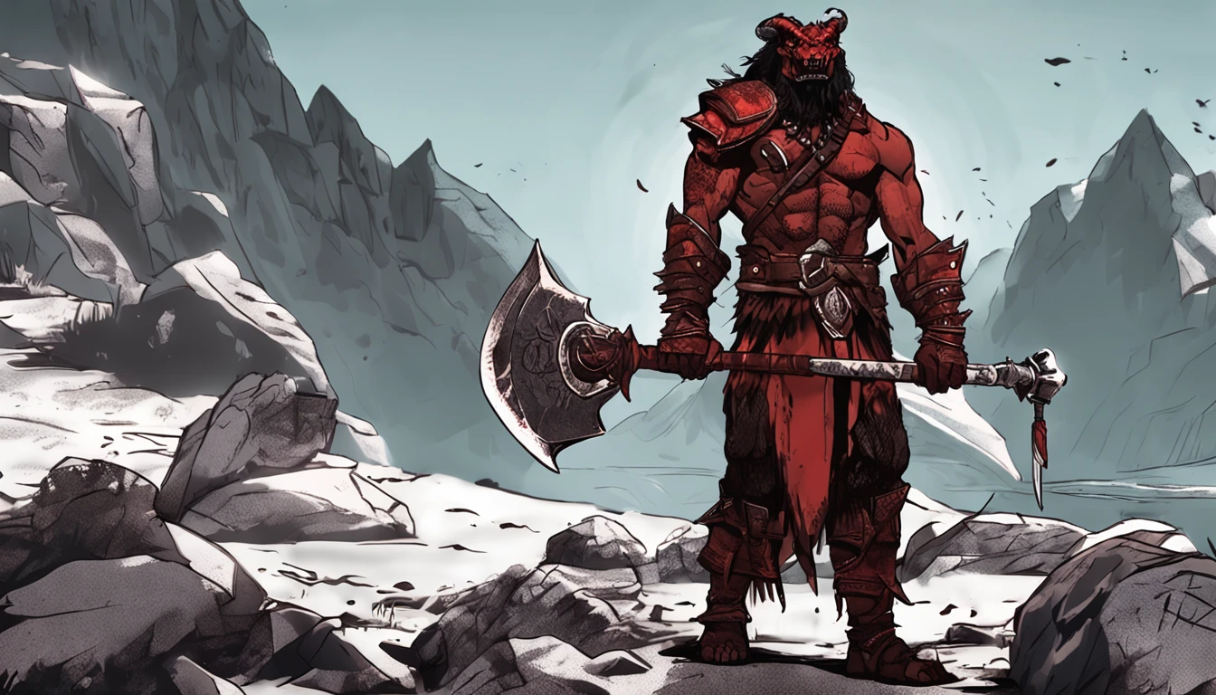red and black scaled dragonborn barbarian holding great axe