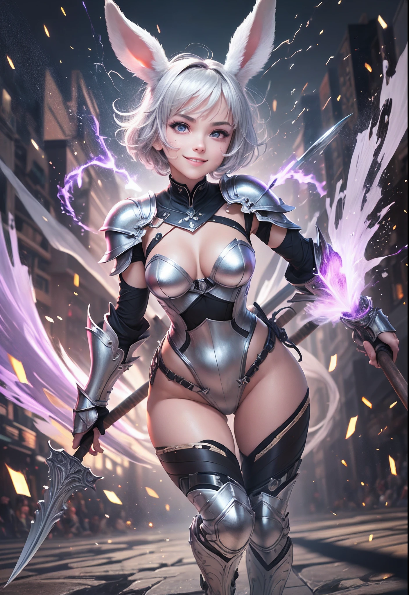 (warrior),(white bunny ears),(lilac eyes),(silver armor),(naive smile),(short hair), (((female character))),(day),(holding a battle ax ),(tanned skin tone),(silver hair),(Beautiful face 8k),(floor),(spectators),(lit environment),(particles in the air),((speed)), hand-drawn anime style , dynamic, full length, animation quality, anime icon, looking at face camera, 8k, full length, best background, masterpiece, awesome titles, ultra HD, insane title, perfect hands --auto --s2