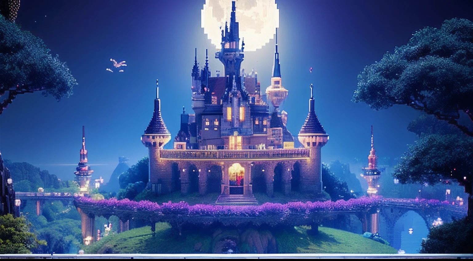 pixel game，scenography，fantastical scenes，Moon Night，Vampire Castle，levitating， Pixel art #pixelart