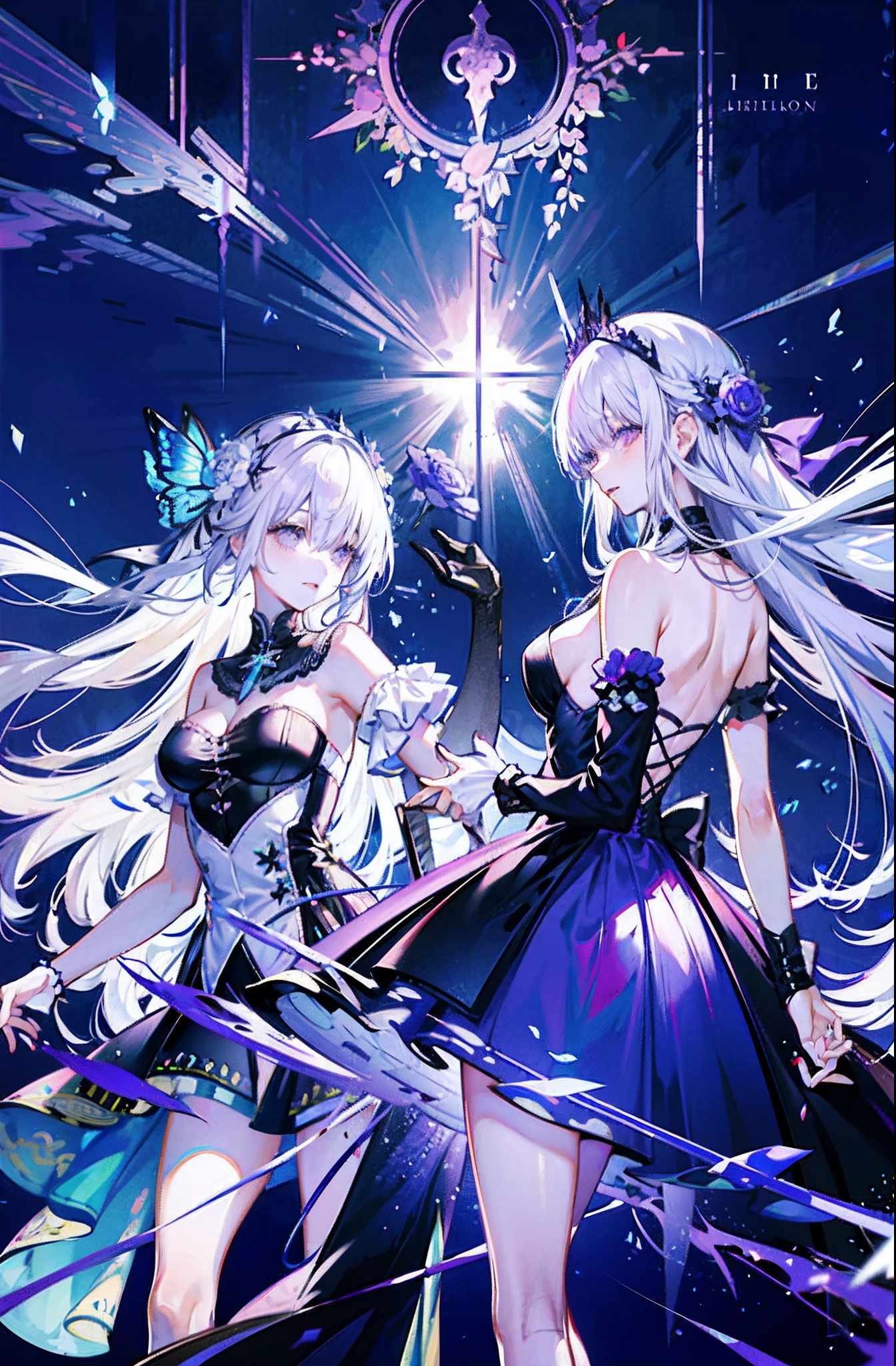 silber hair,butterflys,long whitr hair,8k wallpaper,detailedbackground,Highest high resolution,deep v big breasts,Hair over eyes,Bandeau,Church background,Purple roses,tight-fitting,themoon,stocklings,((2 people,Twin sisters))