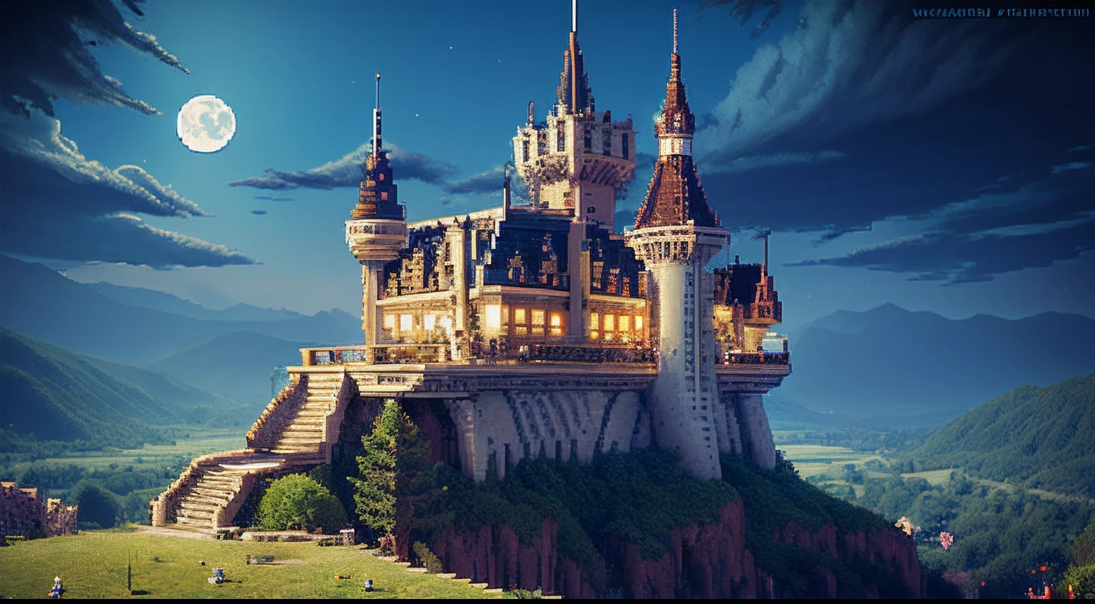 pixel game,scenography,fantastical scenes,Moon Night,Vampire Castle,levitating, Pixel art #pixelart