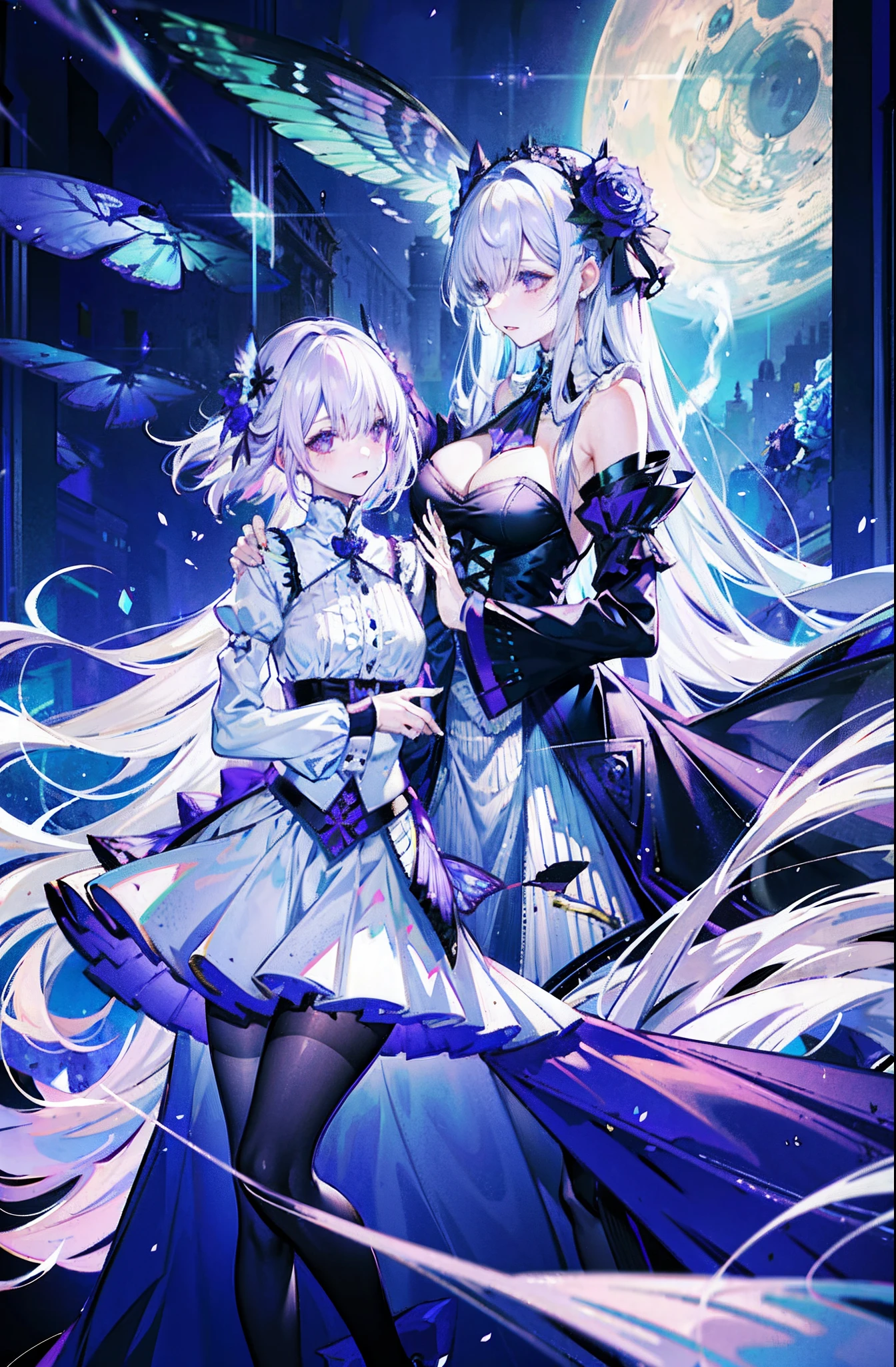 silber hair,butterflys,long whitr hair,8k wallpaper,detailedbackground,Highest high resolution,deep v big breasts,Hair over eyes,Bandeau,Church background,Purple roses,tight-fitting,themoon,stocklings,((2 people,Twin sisters))
