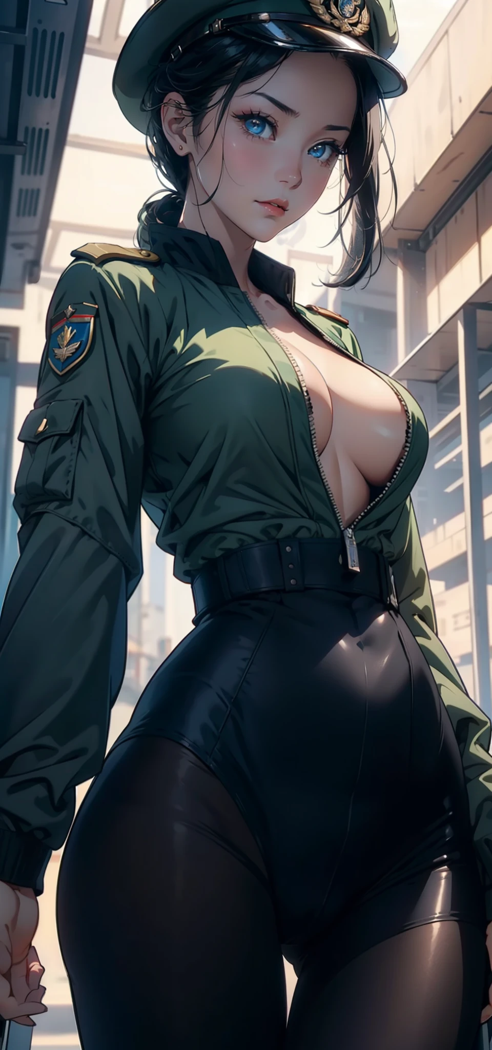 1female,35yo,plumw,extremely large bosom, 独奏,(Background with:aerodrome,Planes,) She has very short black hair,bobo head,Stand on the plane,,seen from the front, hair straight, mostly cloudy sky,(((tmasterpiece),(Very detailed CG unity 8K wallpaper),best qualtiy,cinmatic lighting,detailed back ground,beatiful detailed eyes,Bright pupils,Blue eyes,(Very fine and beautiful),(Beautiful and detailed eye description),ultra - detailed,tmasterpiece,)),facing at camera,A high resolution,ultra - detailed),revealing breasts,Bare genitalia, Bulge,legs are open,Raised sexy,Camel toes,Flushed complexion,Desire for dissatisfaction,frontage,Italian Air Force,Aviator,Officer's cap(Wearing:Dark green bomber jacket,Black pantyhose)