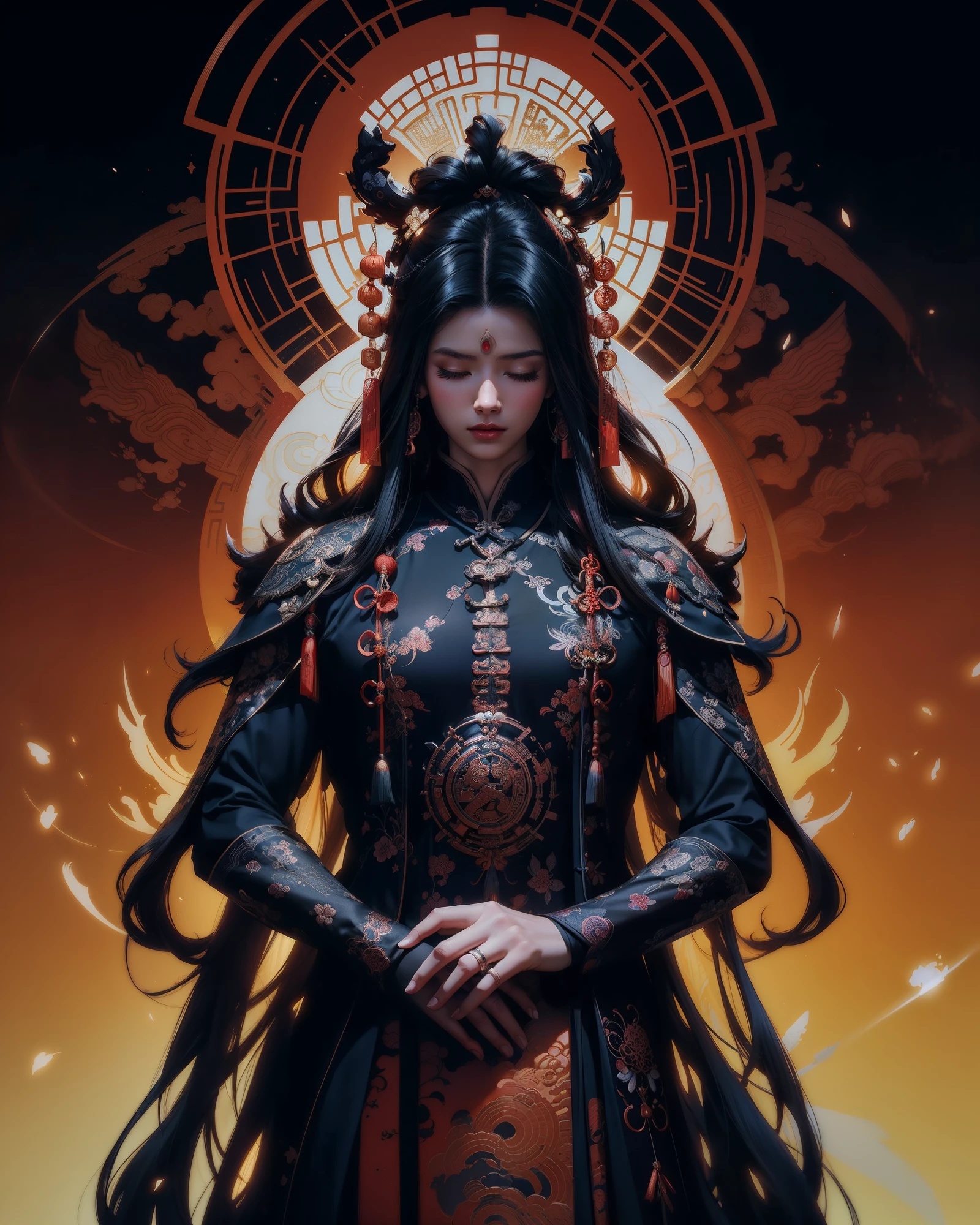 "(White background,Silhouette with closed eyes,Long colorful hair,Oriental elements, The halo),(Chinese illustration:1.3),(Reasonable design,Clear lines,High sharpness,Best quality,The is very detailed,Masterpiece grade,movie light effect,4K)"