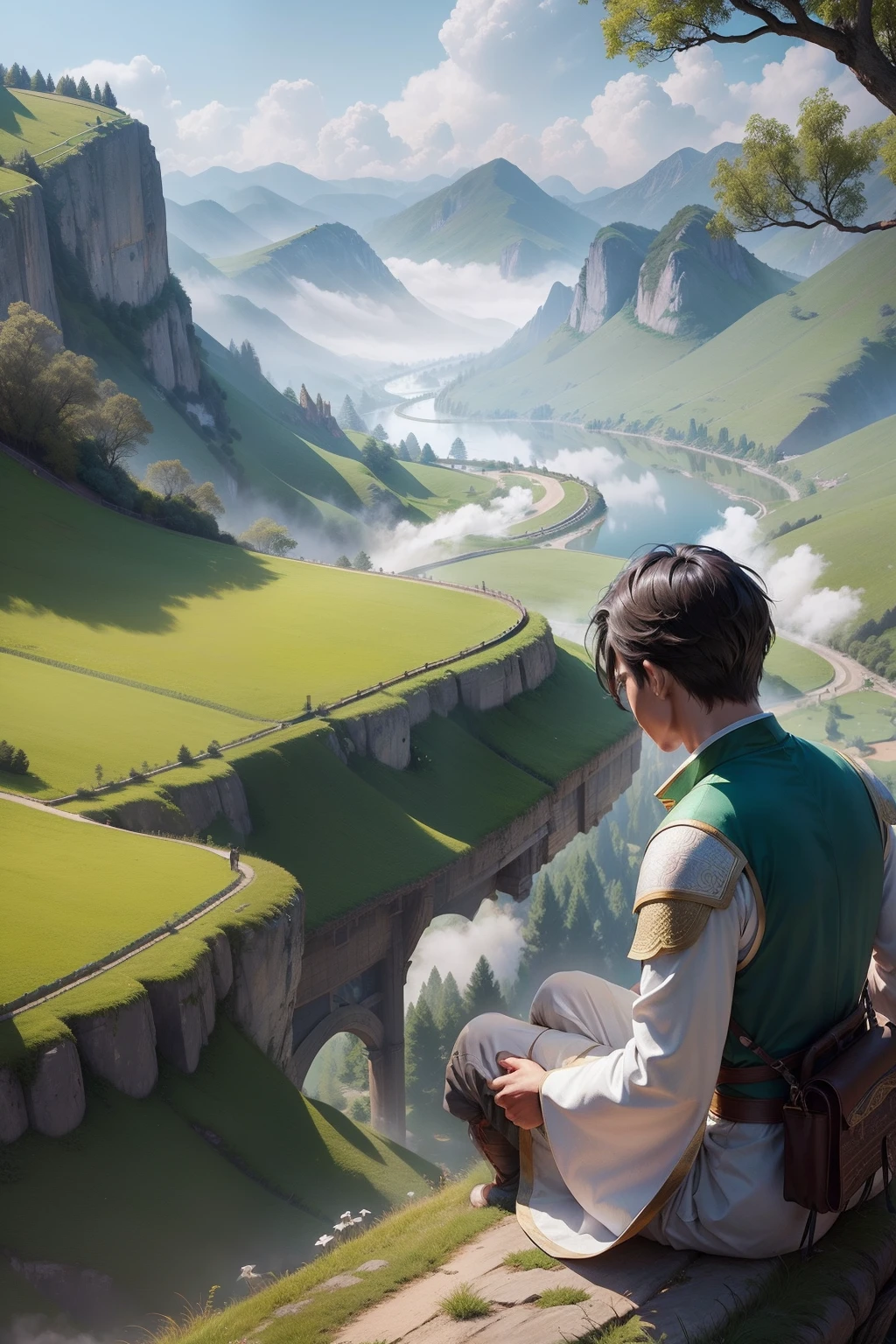 Li Bai leaned under a willow tree on a meadow and looked at the misty valley in the distance