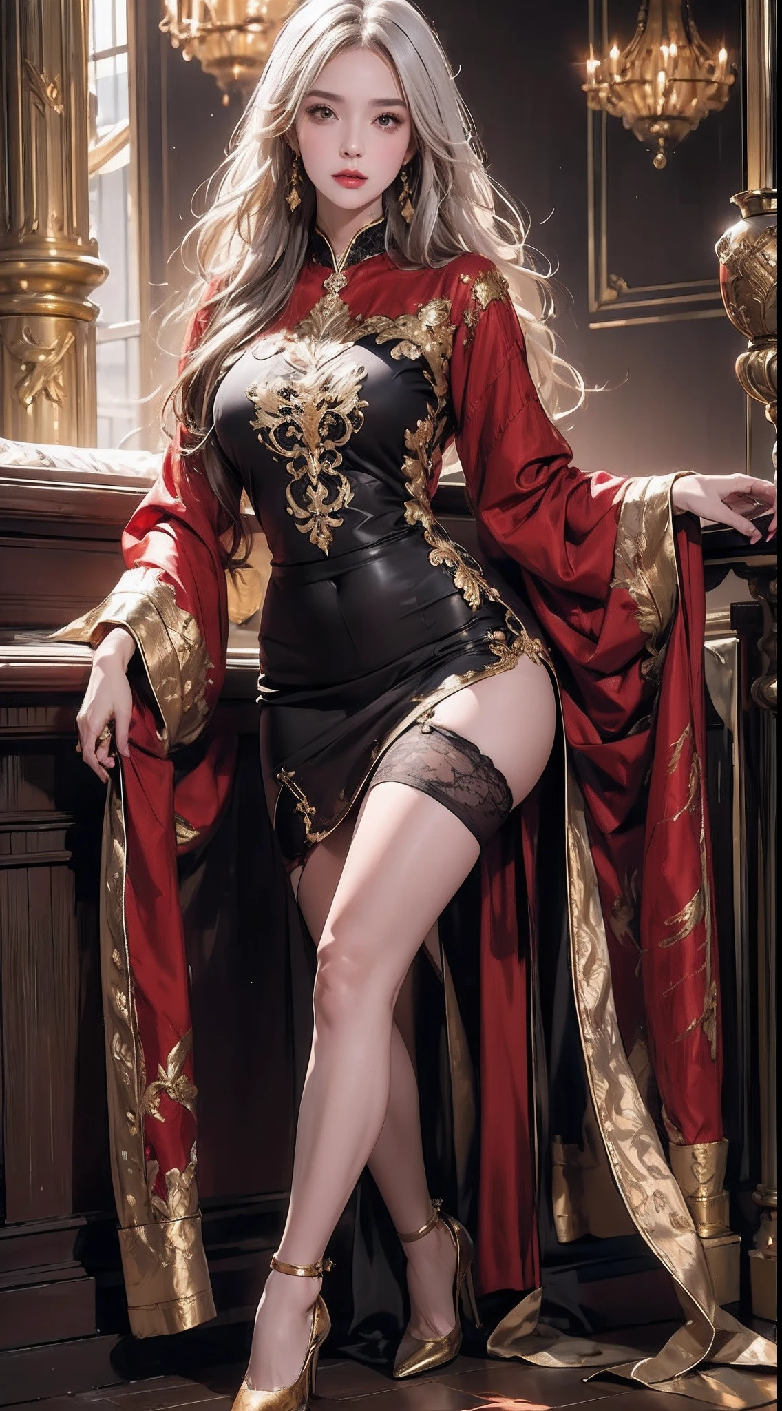 a mature female,Queen temperament,Fine and detailed eyes and detailed face,Tall and tall,The blonde,queen,She wore aristocratic clothing,Tight trousers,Wear it with light blue lipstick and heels,black pantyhoses,Reveal high heels,Expose the appearance of high heels,(Black stockings wrapped around the hips:1.4),General of special forces, allure:(Tall:1.4),haughty、cruel grin,Mature temperament,Ruby eyes,Apply blood-red lipstick to your lips,Wide buttock(big assa:1.4),(Thick thighs:1.4),Majesty,Background inside an uninhabited palace,are standing