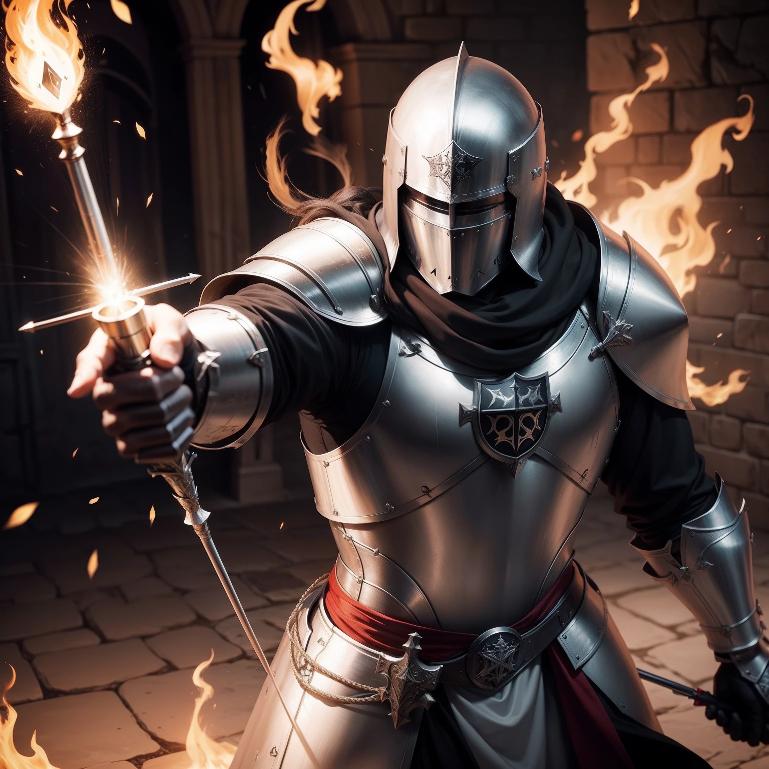 Knight Templar in heavy armor, casting fire magic by the stroke of an arrow shot by a pistol.
