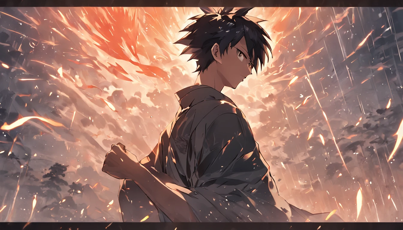 In the distance on the steps leading to the mountain,Densely packed crowds,Yamaguchi and the Chinese man under the storm,In his left hand, he holds a black gold ancient knife,short detailed hair,Handsome,Shirtless,Stand in the wind and rain,Back Shadow