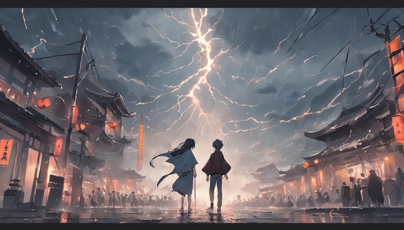 In the distance on the steps leading to the mountain，Densely packed crowds，Yamaguchi and the Chinese man under the storm，In his left hand, he holds a black gold ancient knife，short detailed hair，Handsome，Shirtless，Stand in the wind and rain，Back Shadow