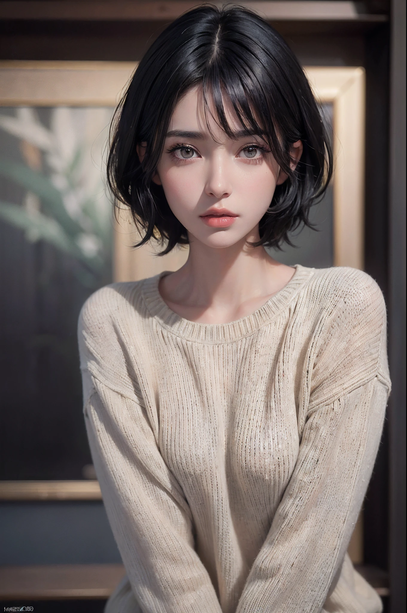 (masterpiece:1.3), (8k, photorealistic, RAW photo, best quality: 1.4), (1girl), beautiful face, (realistic face), (black hair, short hair:1.3), beautiful hairstyle, realistic eyes, beautiful detailed eyes, (realistic skin), beautiful skin, (sweater), absurdres, attractive, ultra high res, ultra realistic, highly detailed, golden ratio
