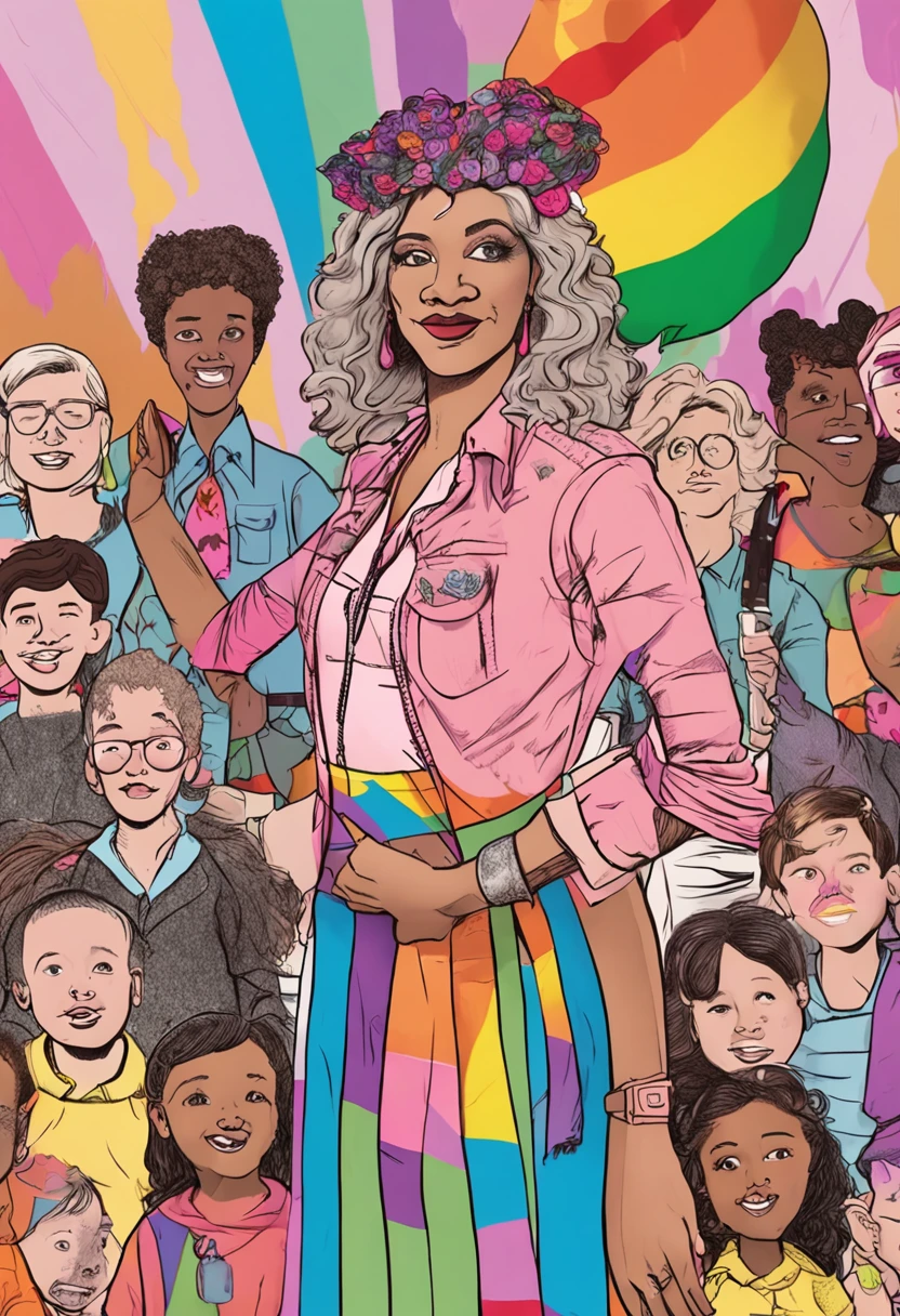 a transgender teacher dressed in drag leading an elementary school class in a lesson about sexual identity with diagrams and illustrations on the blackboard and the walls decorated in gay pride flags and pride colors