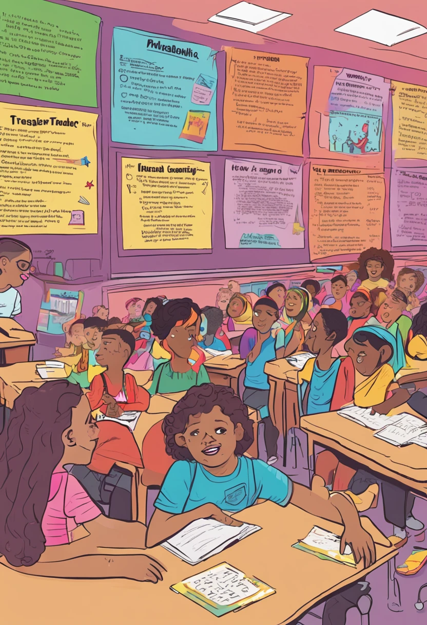 a transgender teacher dressed in drag leading an  class in a lesson about sexual identity with diagrams and illustrations on the blackboard and the walls decorated in gay pride flags and pride colors